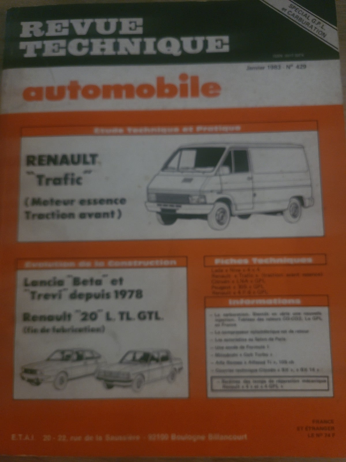 RTA Revue Technique Automobile Renault Trafic Livre Ancien 1983 (Liv239)