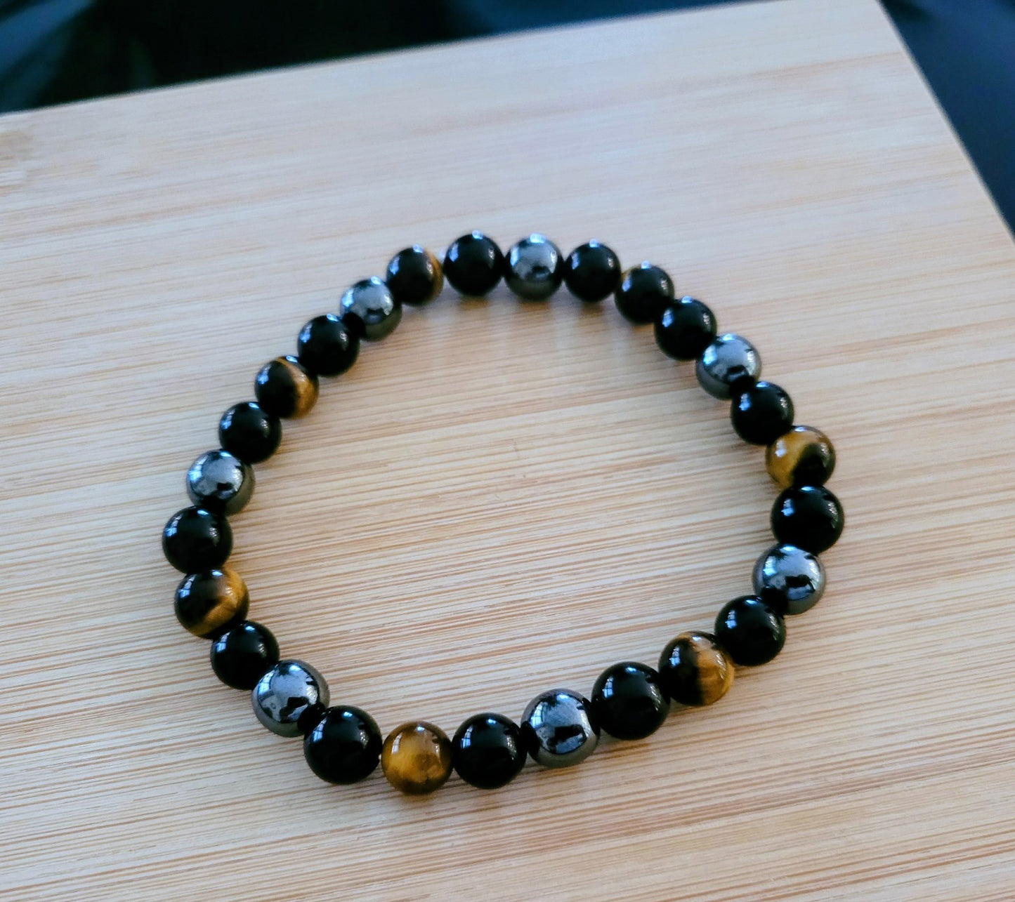 Bracelet Extensible Œil De Tigre Hématite Obsidienne 22cm Solide (Min5)