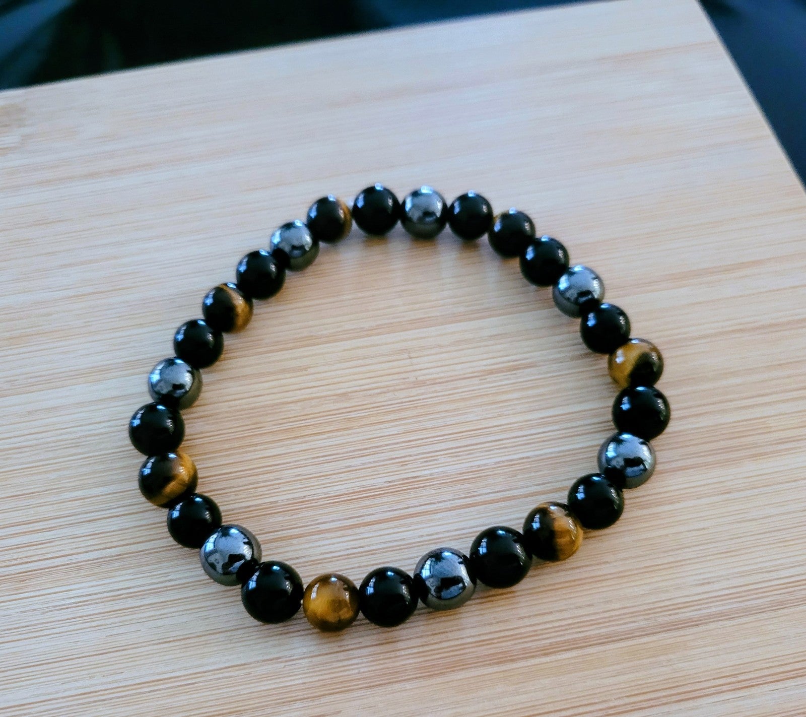 Bracelet Extensible Œil De Tigre Hématite Obsidienne 22cm Solide (Min5)