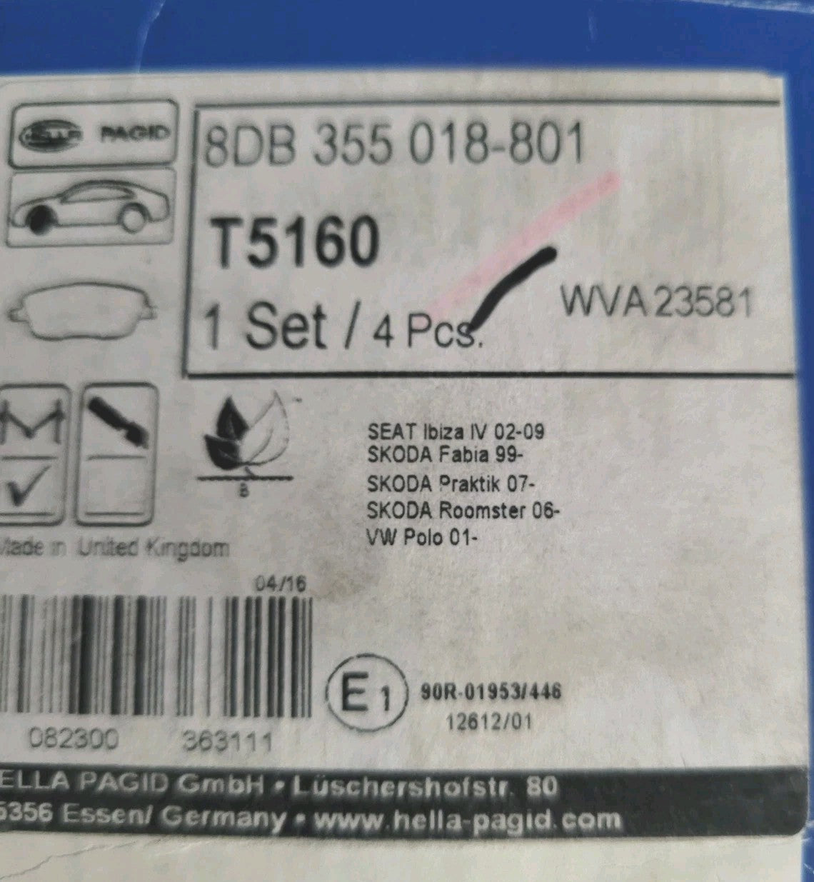 Jeu De Plaquettes Avant Seat Skoda Volkswagen Hella Pagid wva23581 (#AUT193)