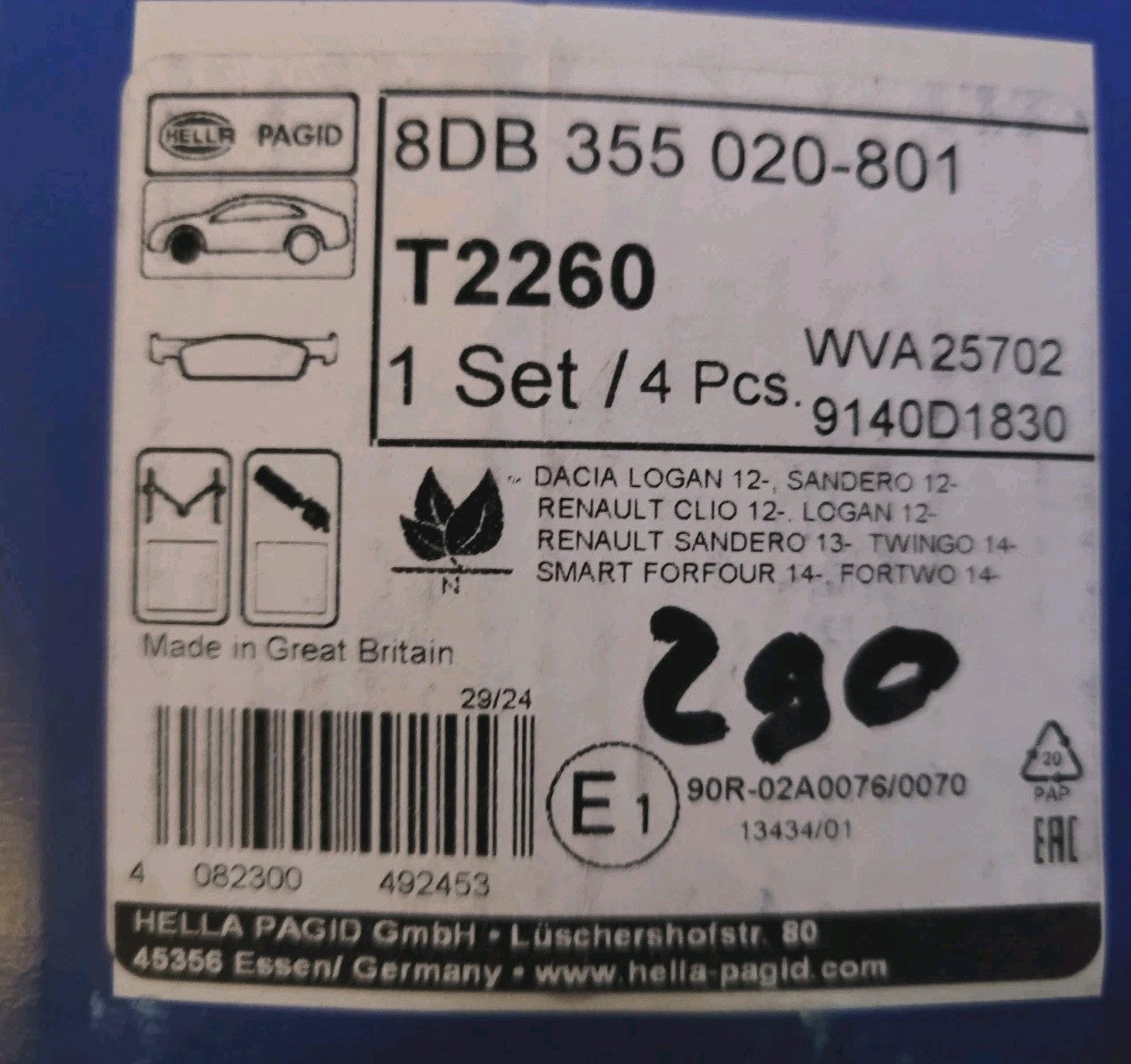 Jeu Plaquettes Av NEUF Renault Dacia Clio Logan Sandero 4082300492453 (#AUT290)