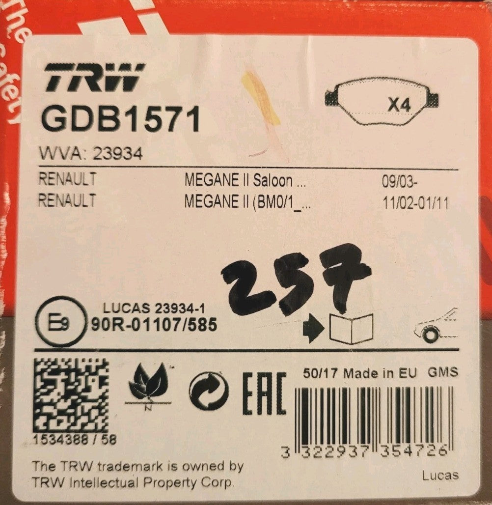 Jeu Plaquettes NEUF Renault Megane 2  3322937354726 (#AUT257)