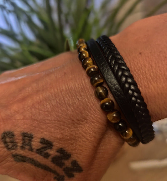 Bracelet Cuir Et Perles 6mm Oeil De Tigre Fermeture Acier Solide 21cm (Min29)