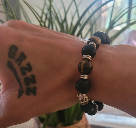 Bracelet Extensible Œil De Tigre Lave Onyx 22cm Solide (Min6)