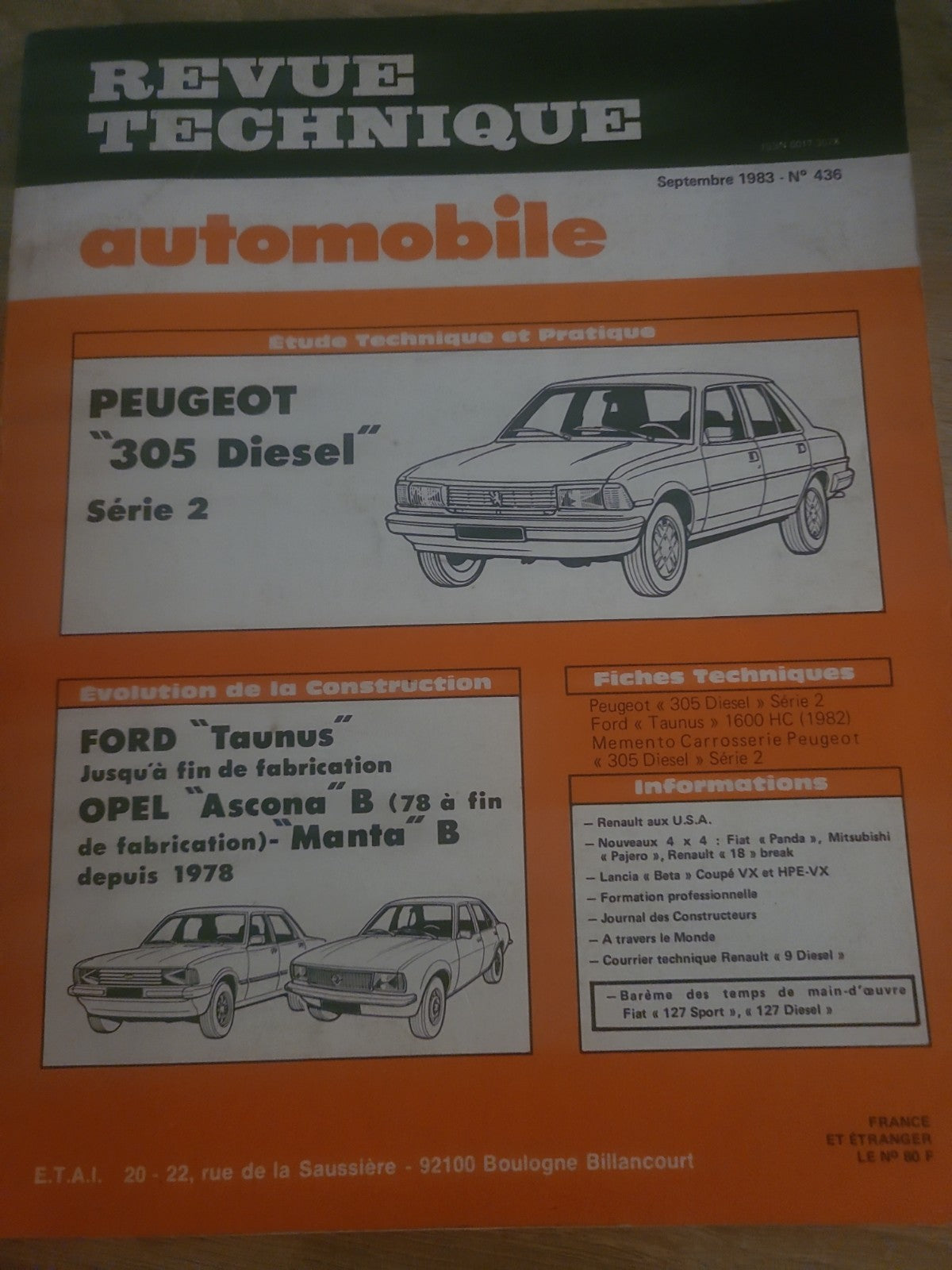 RTA Revue Technique Automobile Peugeot 305 Diesel Ph2 Livre Ancien 1983 (Liv240)