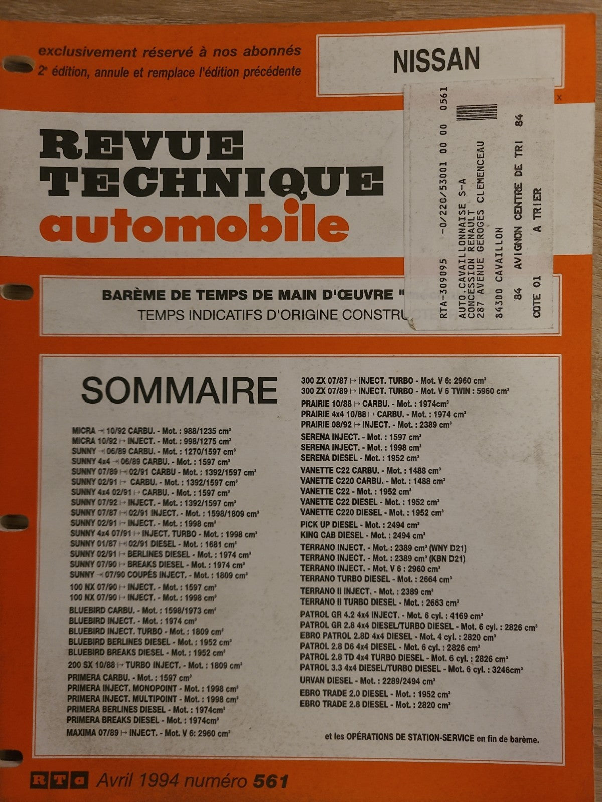 Baremes Temps Revue Technique Automobile NISSAN Collector 1994  (Liv142)