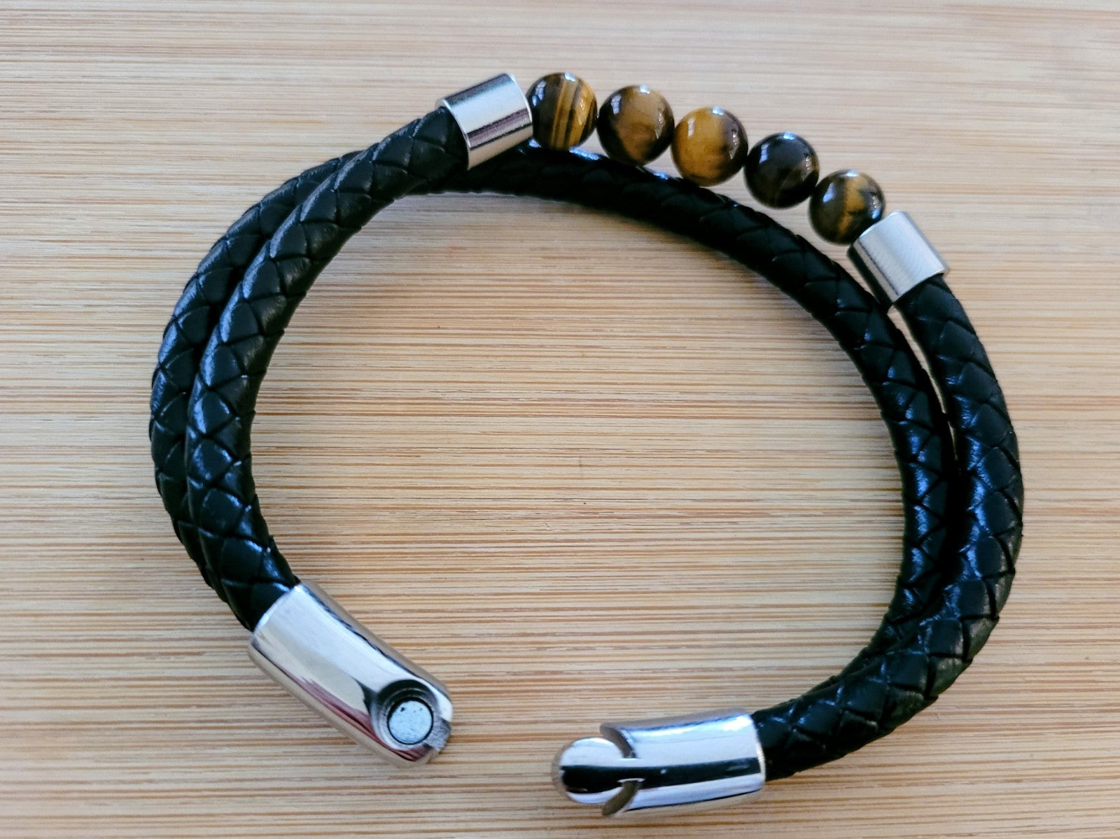 Bracelet Cuir/Pierre 5 Perles Œil De Tigre 21cm Solide Mixte (Min3)