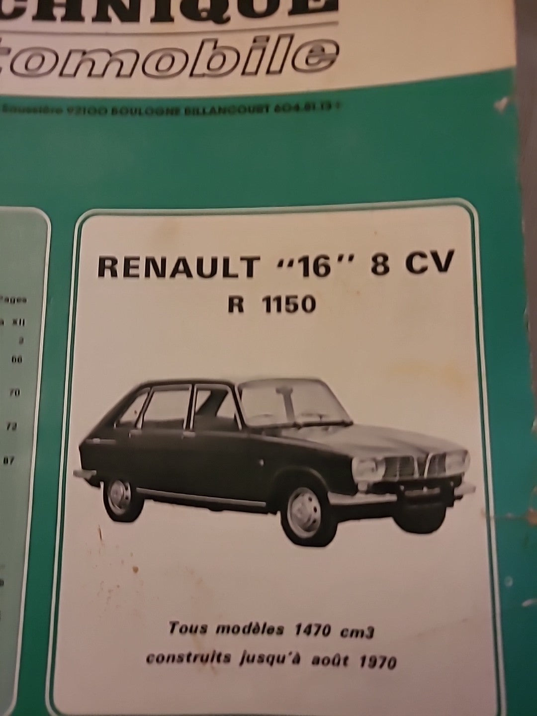 Revue Technique RENAULT 16 8cv R1150 RTA de 99 pages (Liv69)