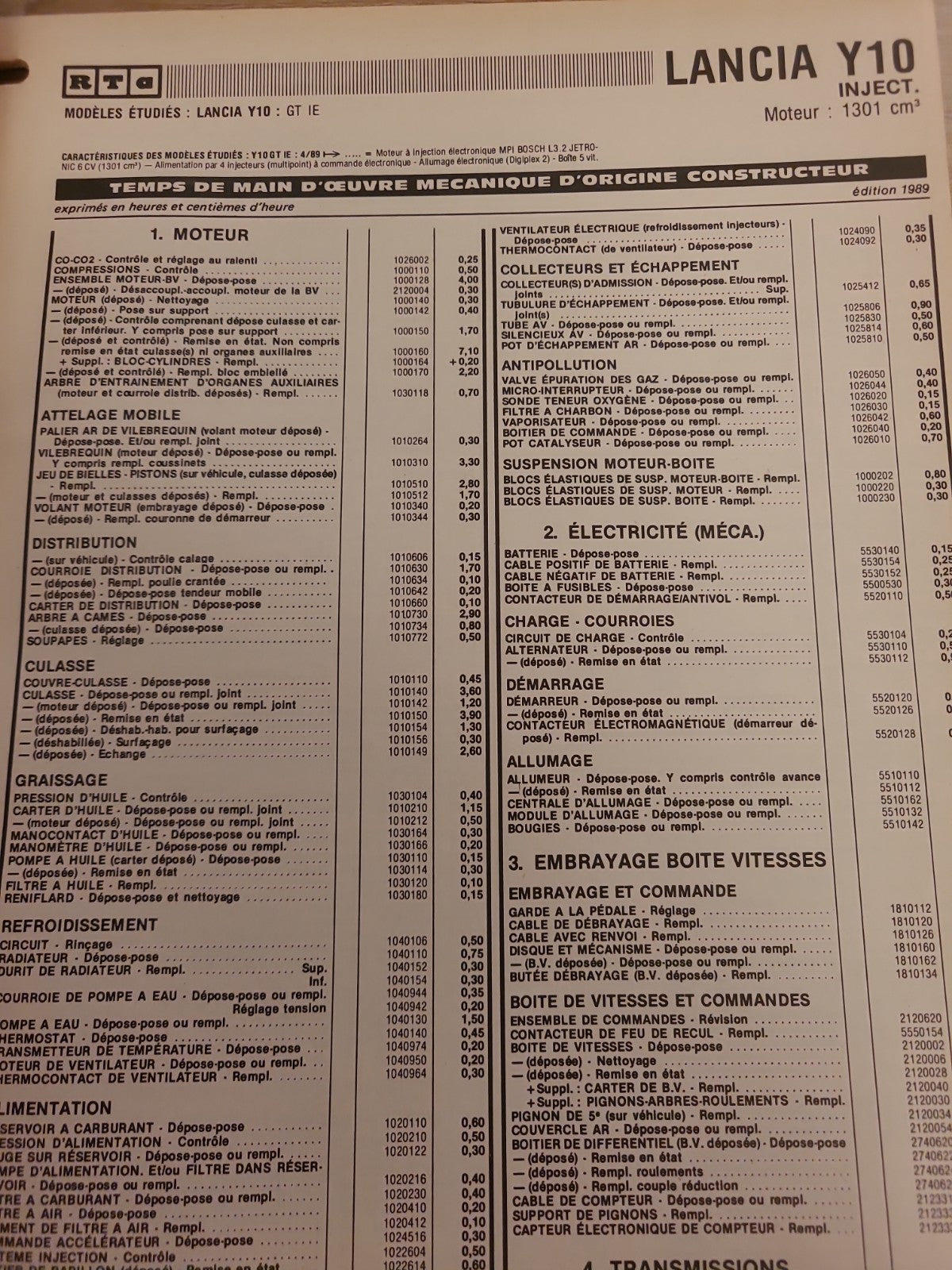 Baremes Temps Revue Technique Automobile LANCIA  Collector 1989 (Liv146)