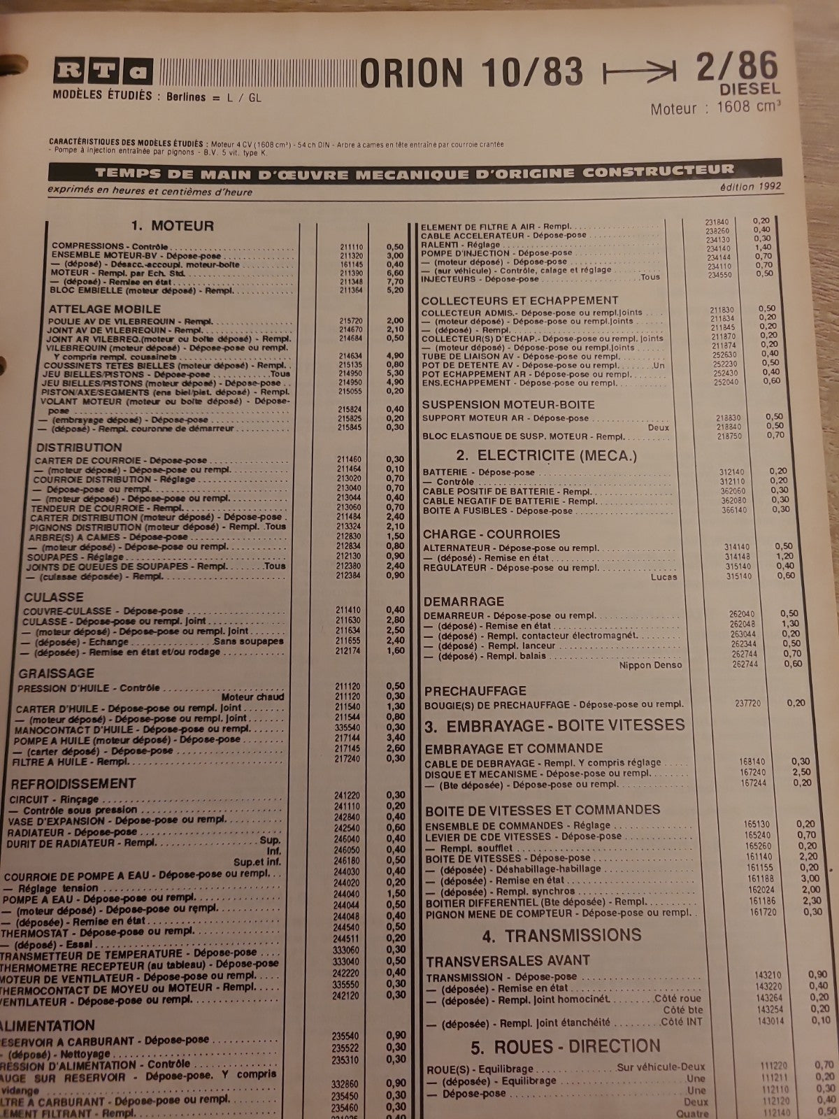 Baremes Temps Revue Technique Automobile FORD Collector 1992  (Liv145)