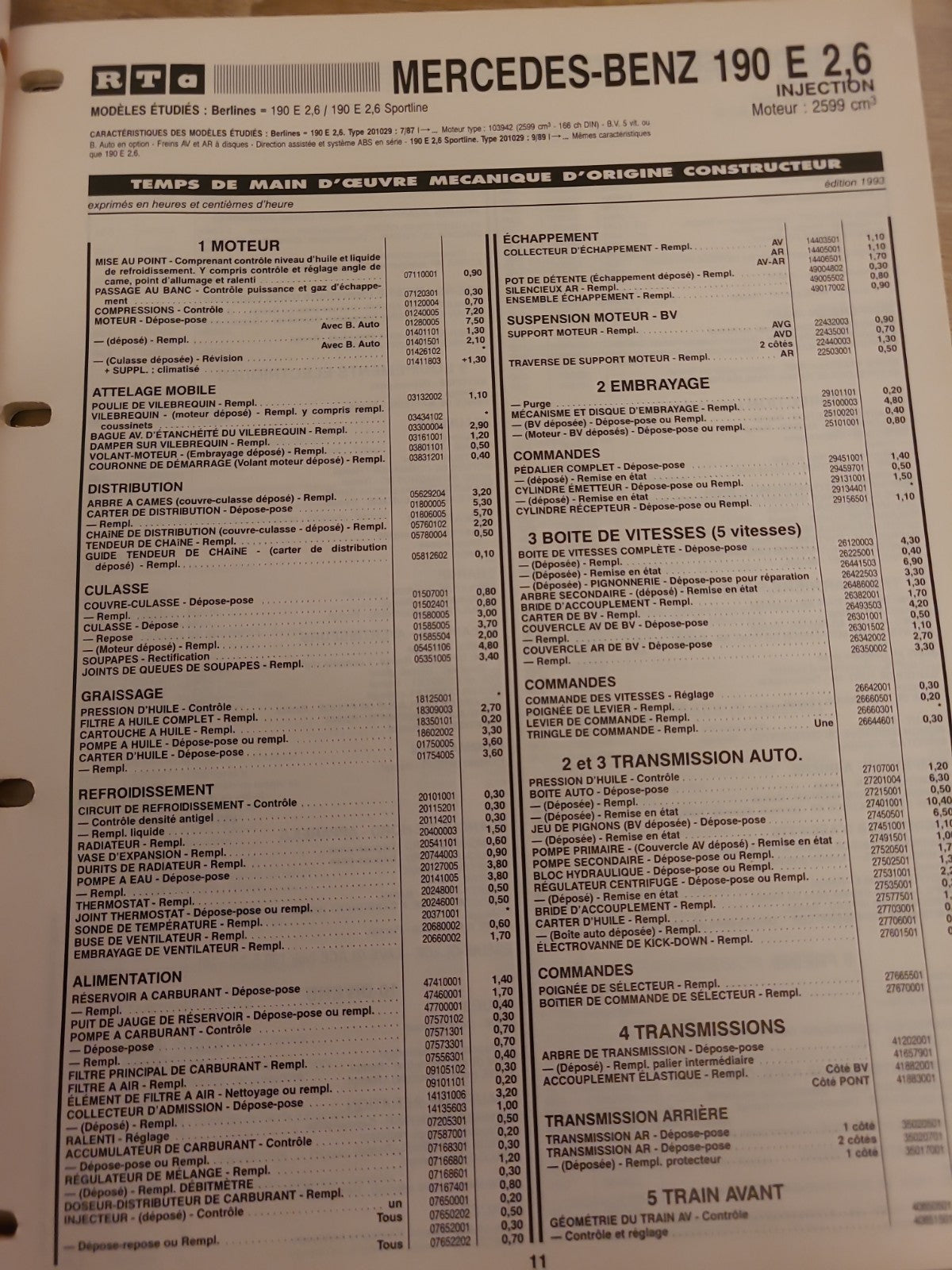 Baremes Temps Revue Technique Automobile MERCEDES Collector 1993 (Liv156)