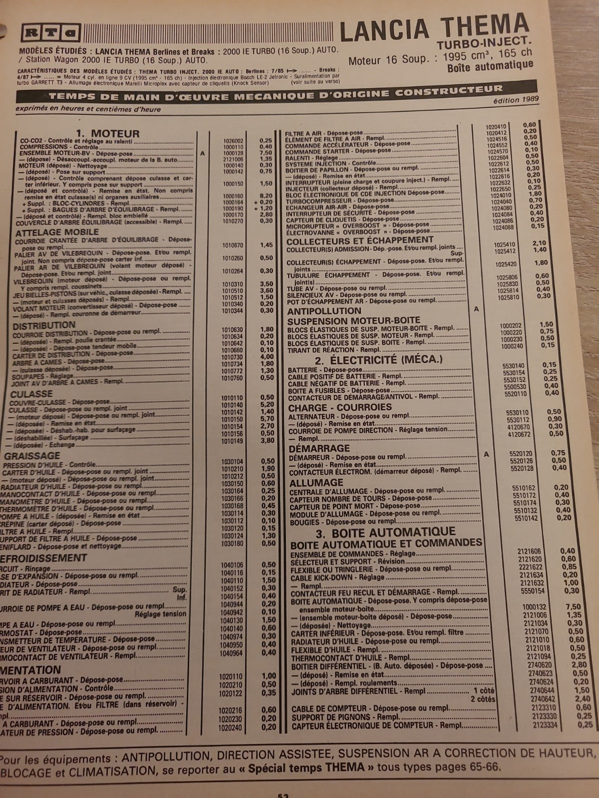 Baremes Temps Revue Technique Automobile LANCIA  Collector 1989 (Liv146)