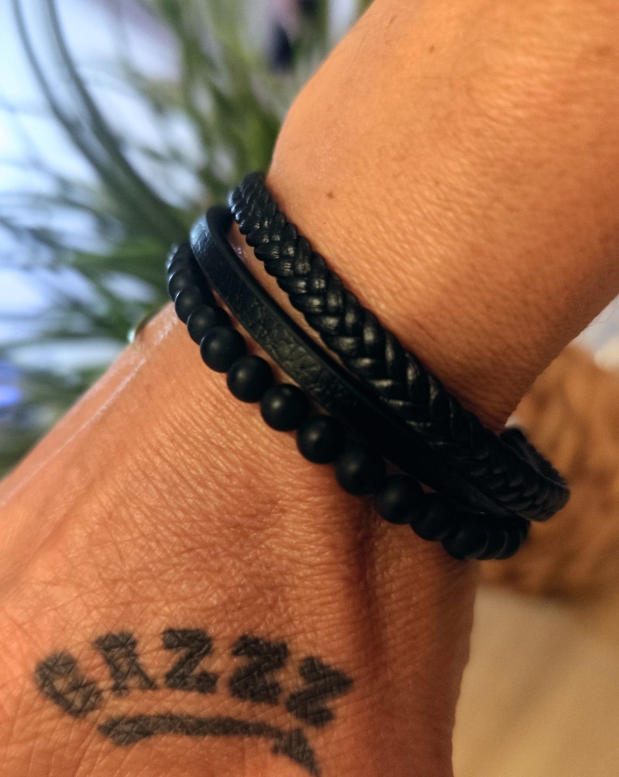 Bracelet Cuir Et Perles 6mm Onyx Fermeture Acier Solide 21cm (Min16)