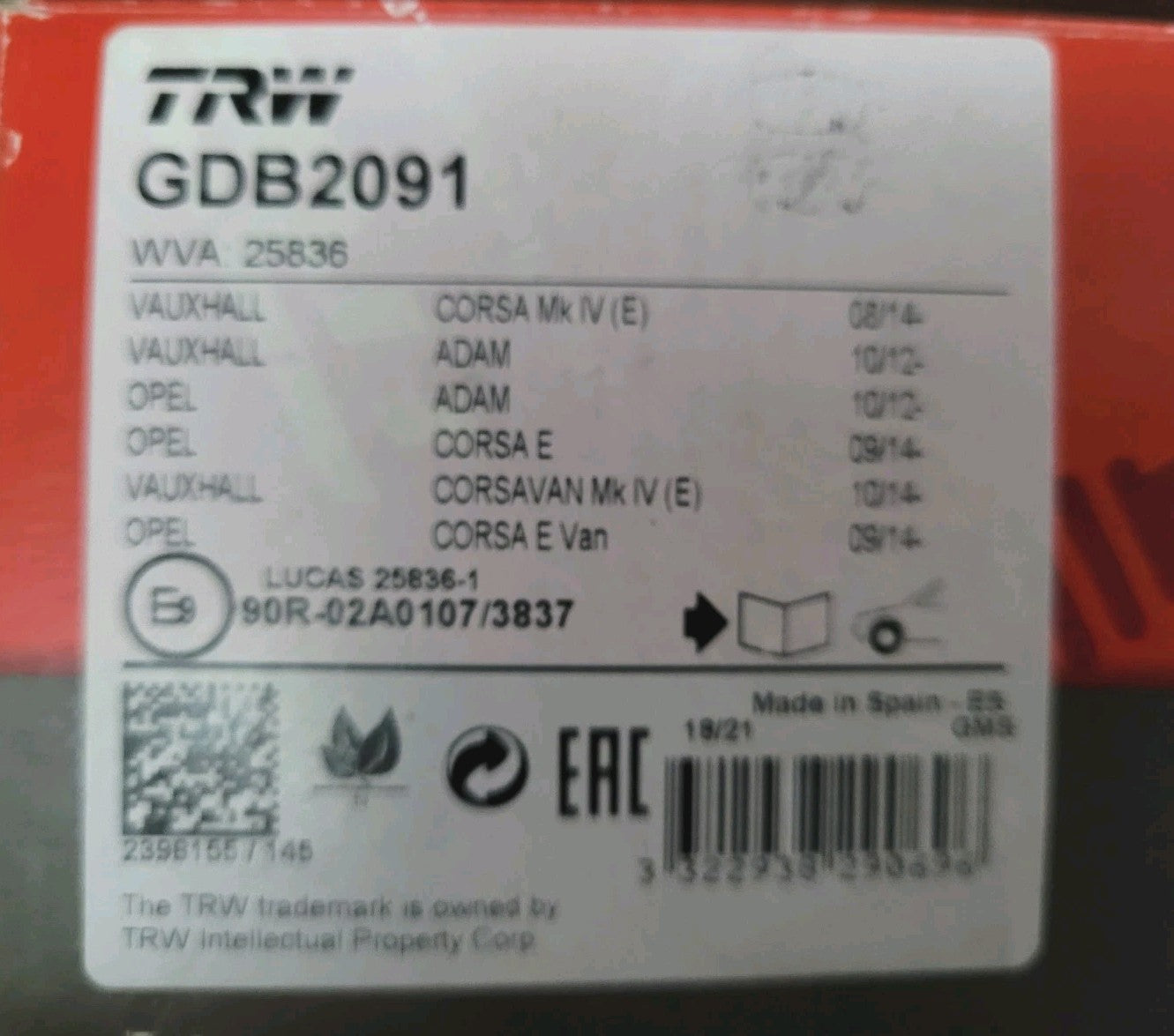 Jeu De Plaquettes TRW Opel GDB2091 (#AUT121)