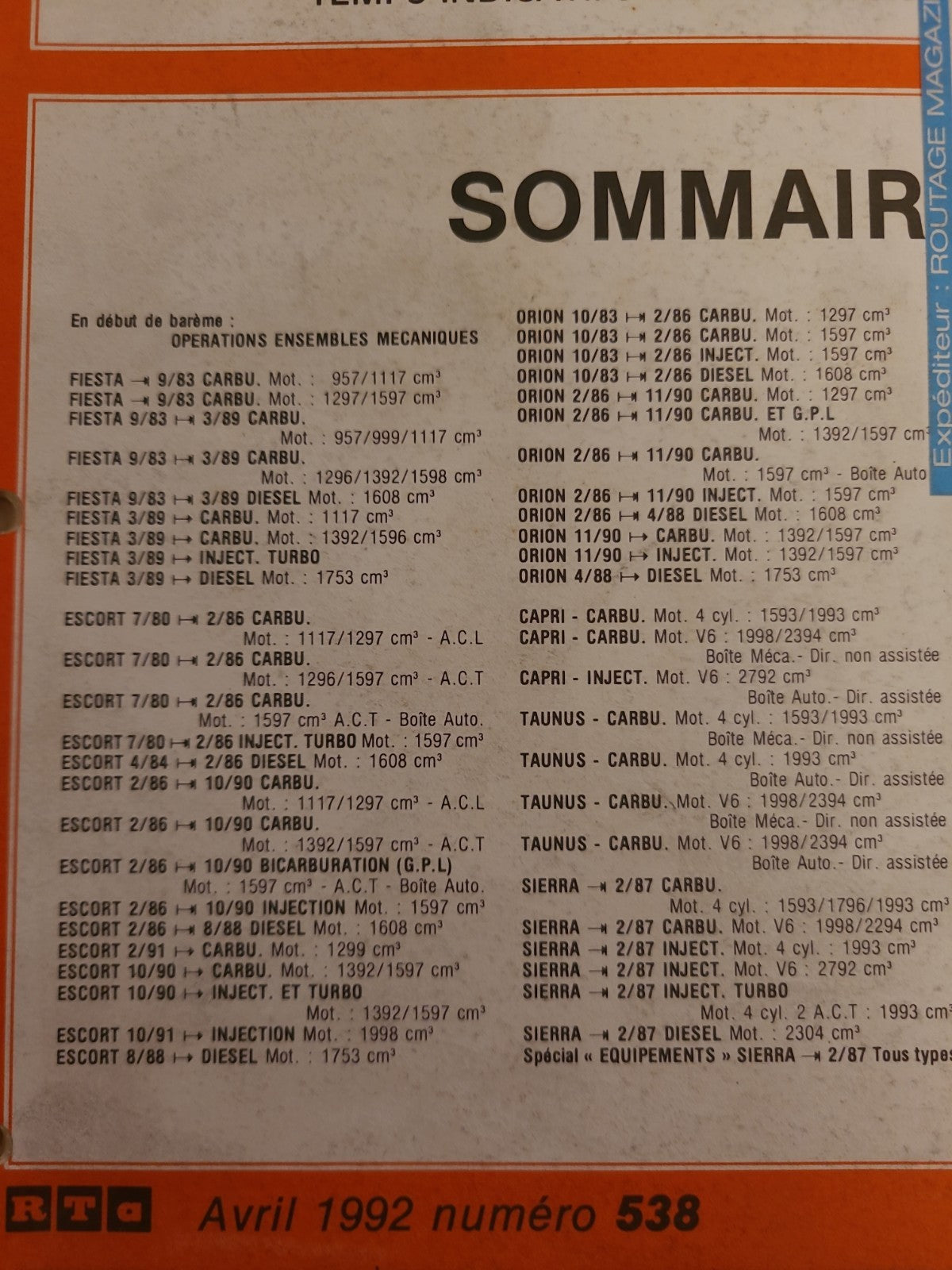 Baremes Temps Revue Technique Automobile FORD Collector 1992  (Liv145)