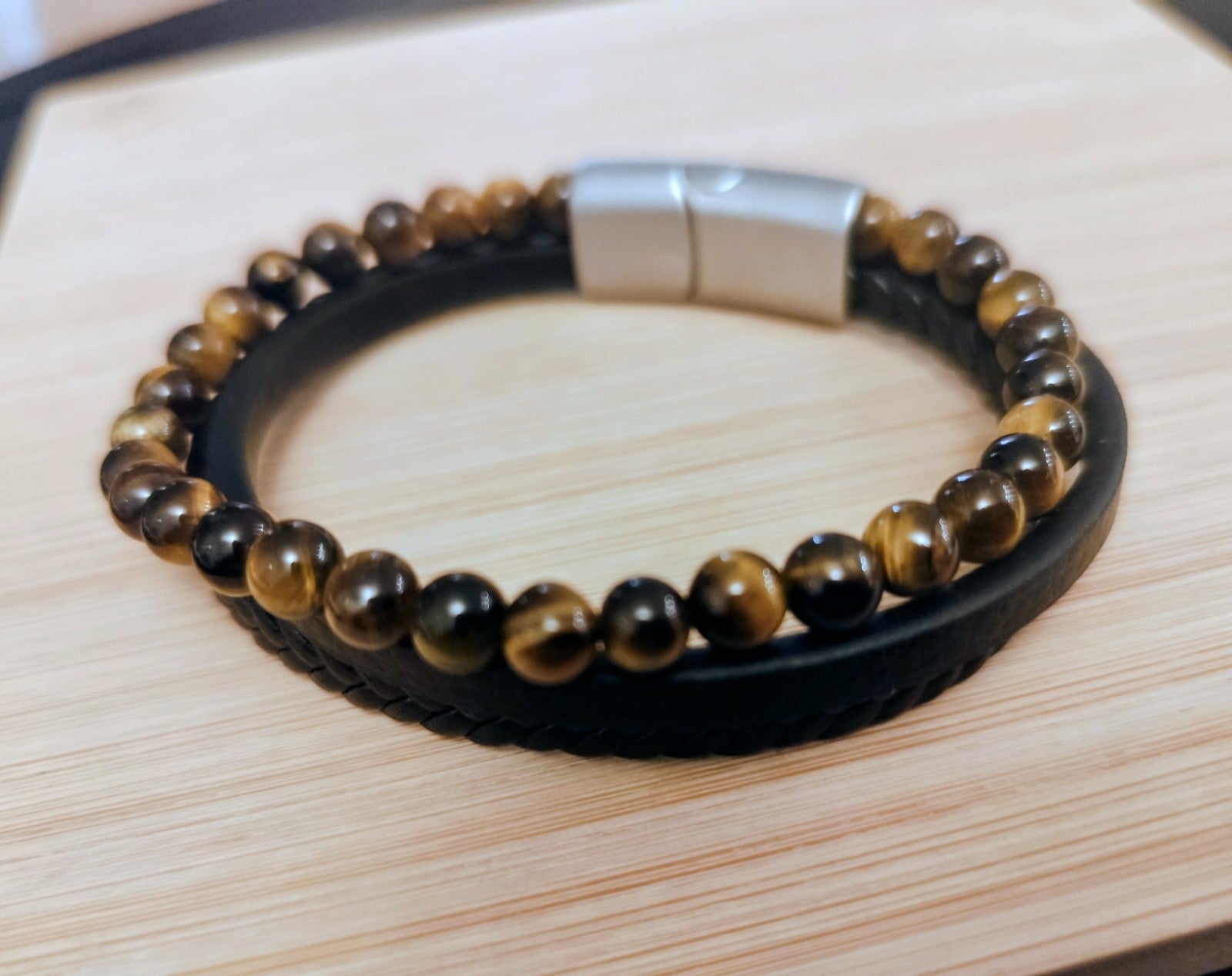 Bracelet Cuir Et Perles 6mm Oeil De Tigre Fermeture Acier Solide 21cm (Min29)