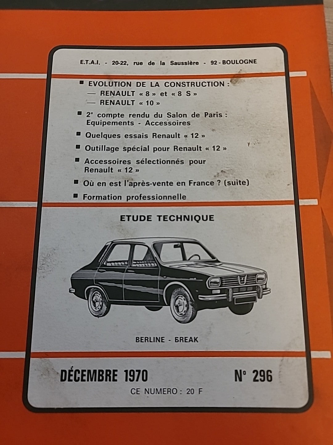Revue Technique Auto Renault 12 Évolution 8 8s 10 RTA de 123 pages (Liv92)