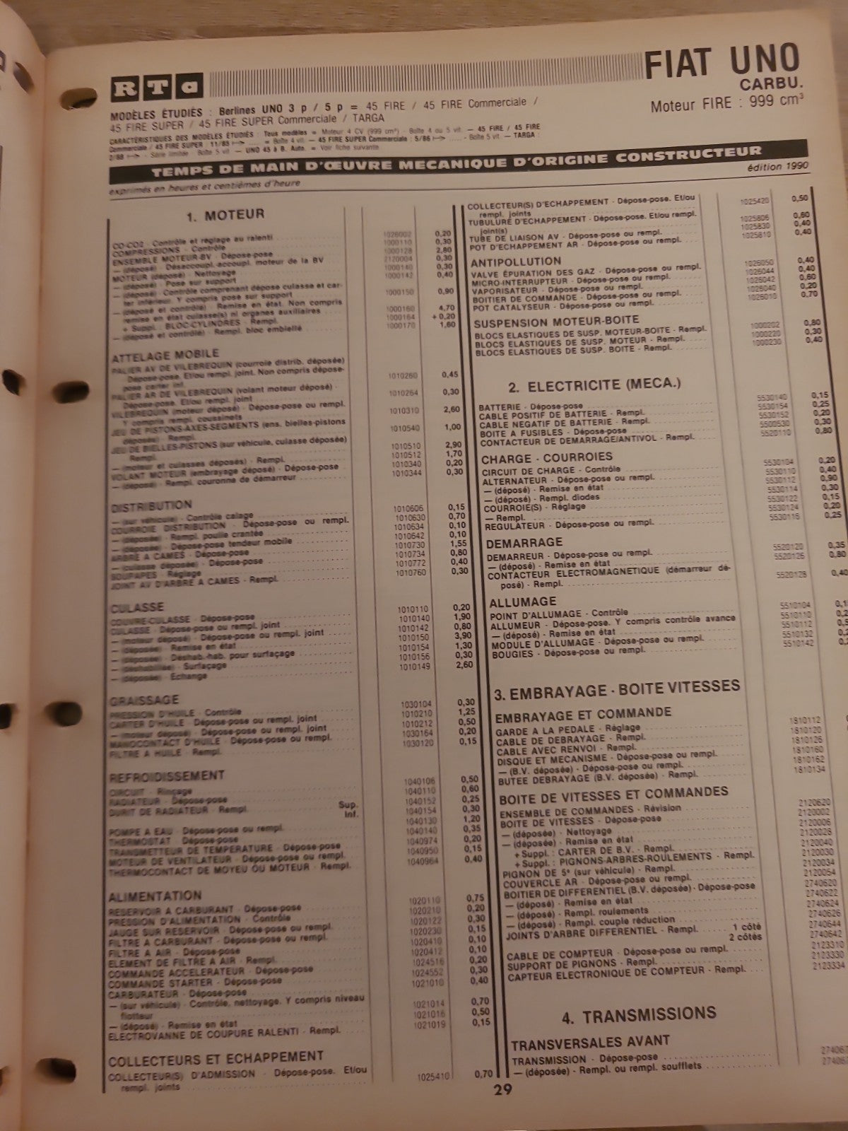 Baremes Temps Revue Technique Automobile FIAT  Collector 1990 (Liv151)