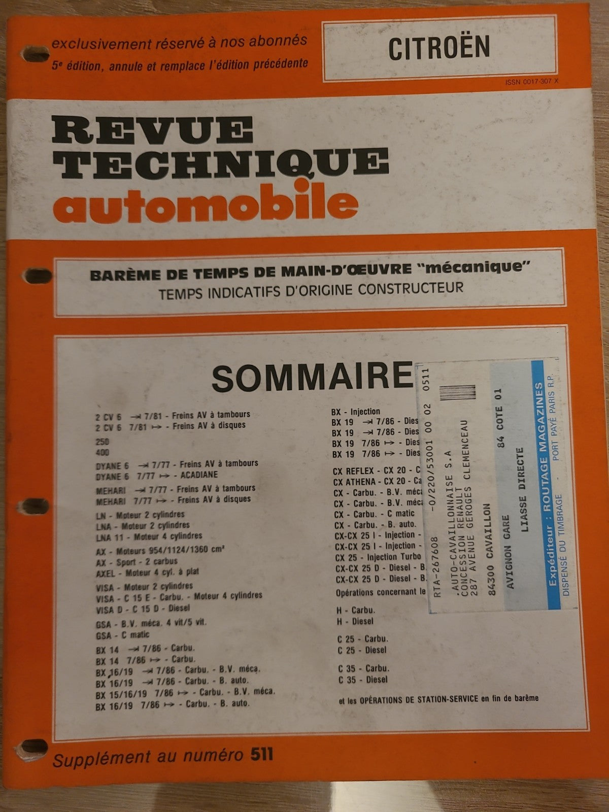 Baremes Temps Revue Technique Automobile CITROEN  Collector 1990  (Liv150)