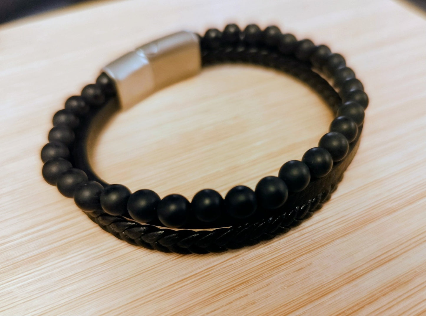 Bracelet Cuir Et Perles 6mm Onyx Fermeture Acier Solide 21cm (Min16)