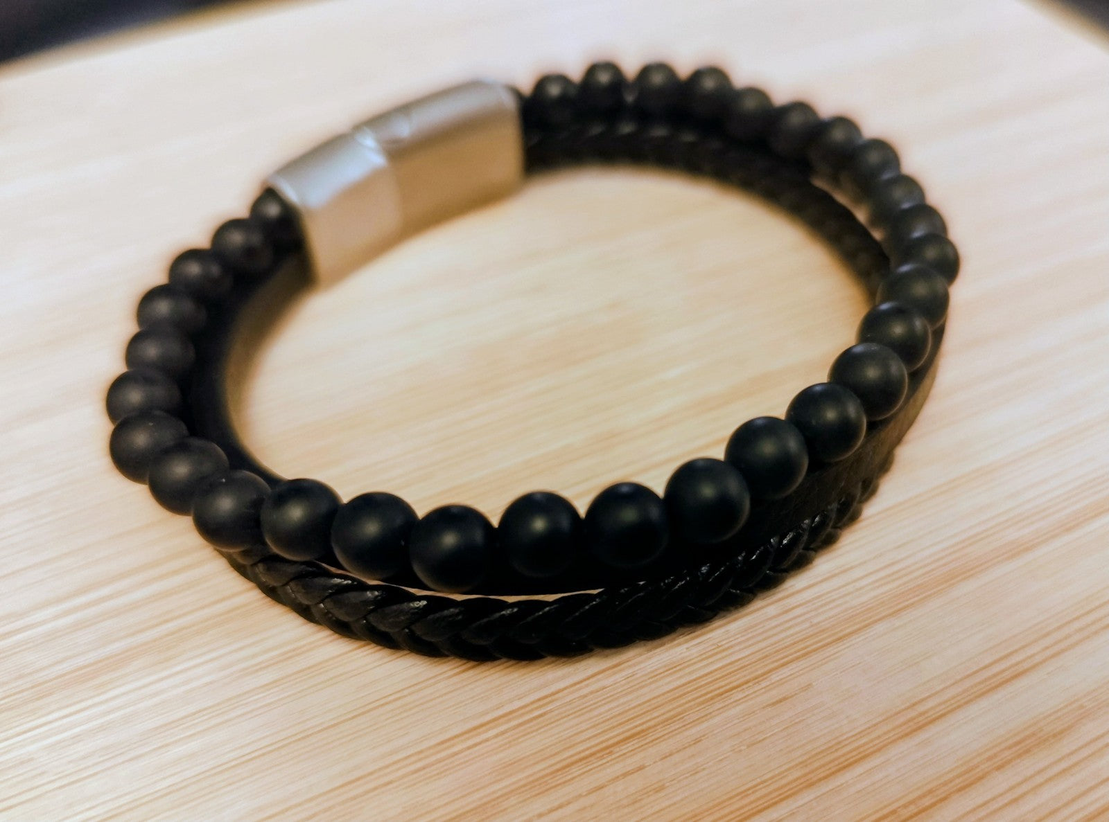 Bracelet Cuir Et Perles 6mm Onyx Fermeture Acier Solide 21cm (Min16)
