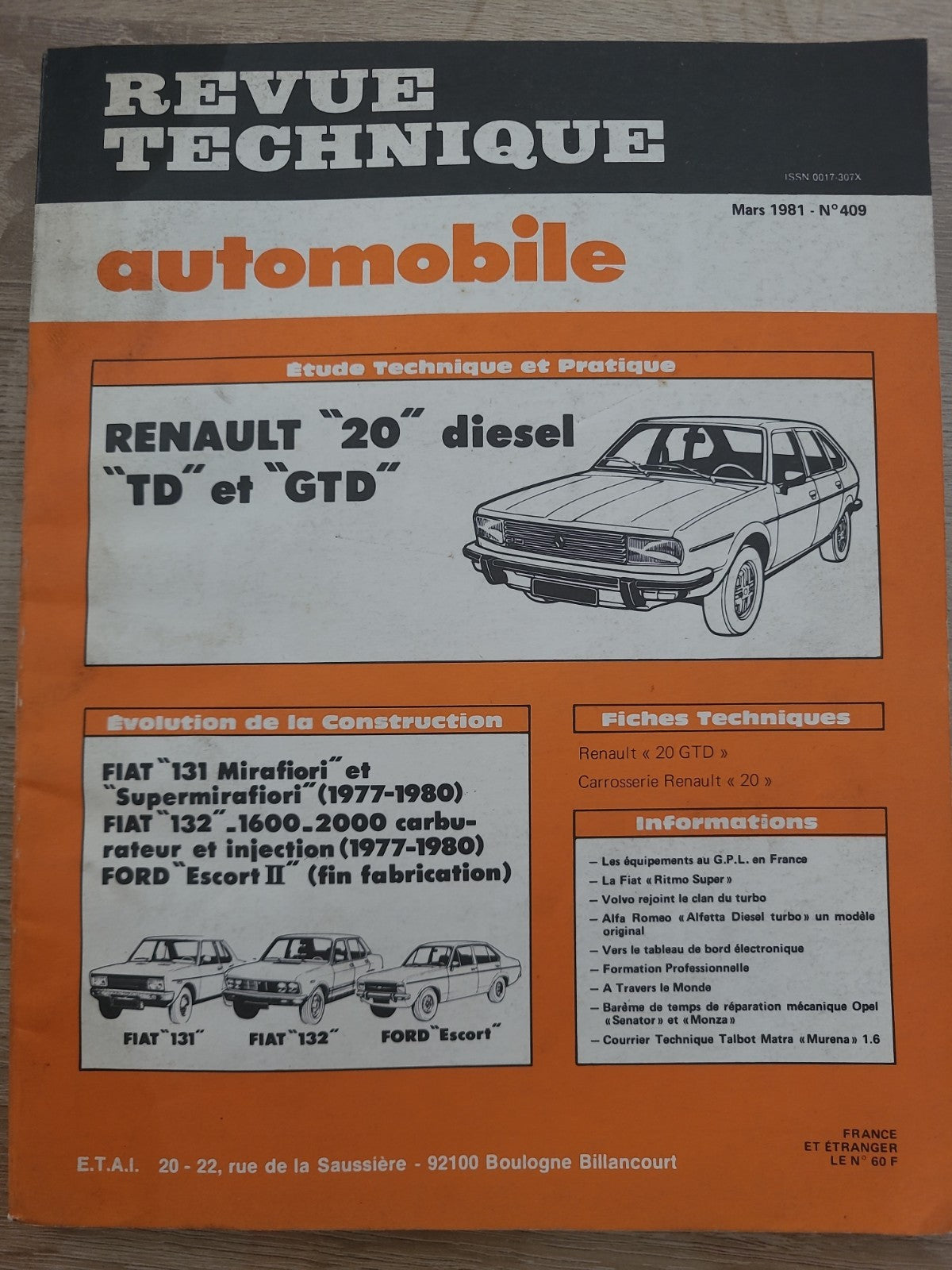 RTA Revue Technique Automobile Renault 20 Diesel Fiat 131 1981 (Liv169)