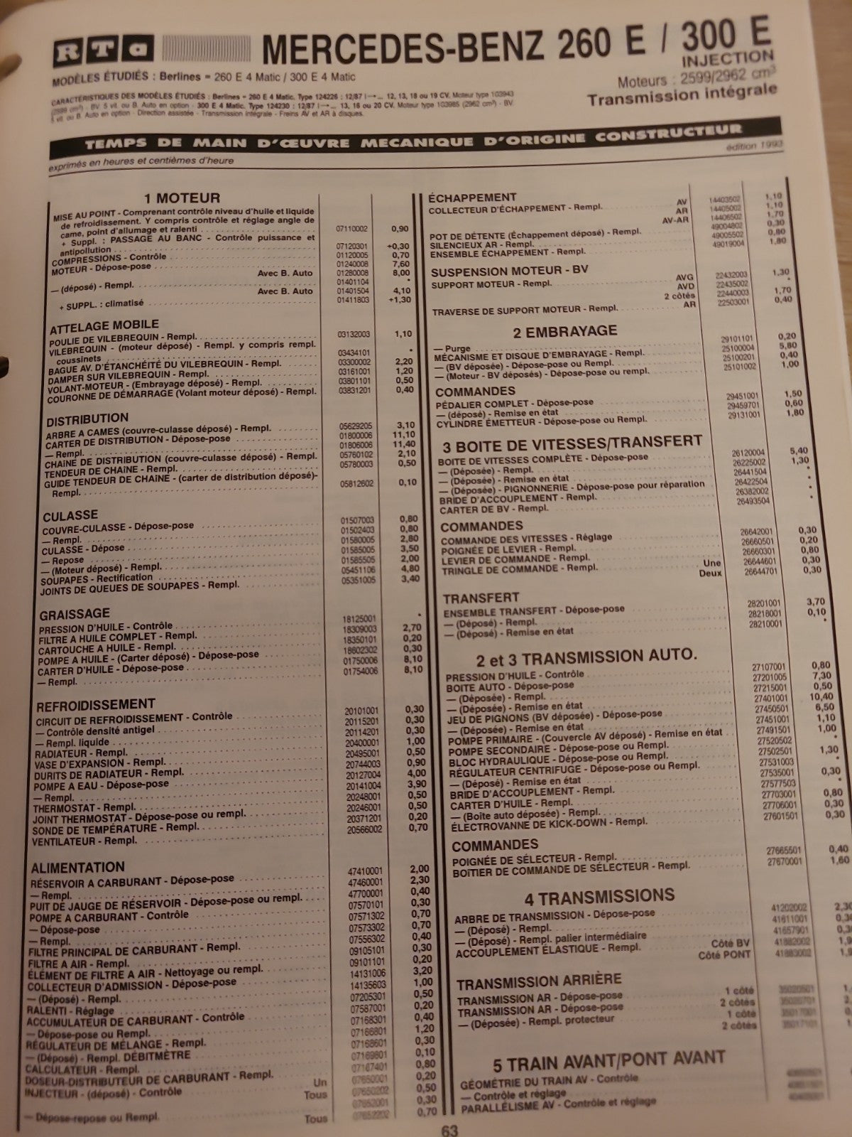 Baremes Temps Revue Technique Automobile MERCEDES Collector 1993 (Liv156)