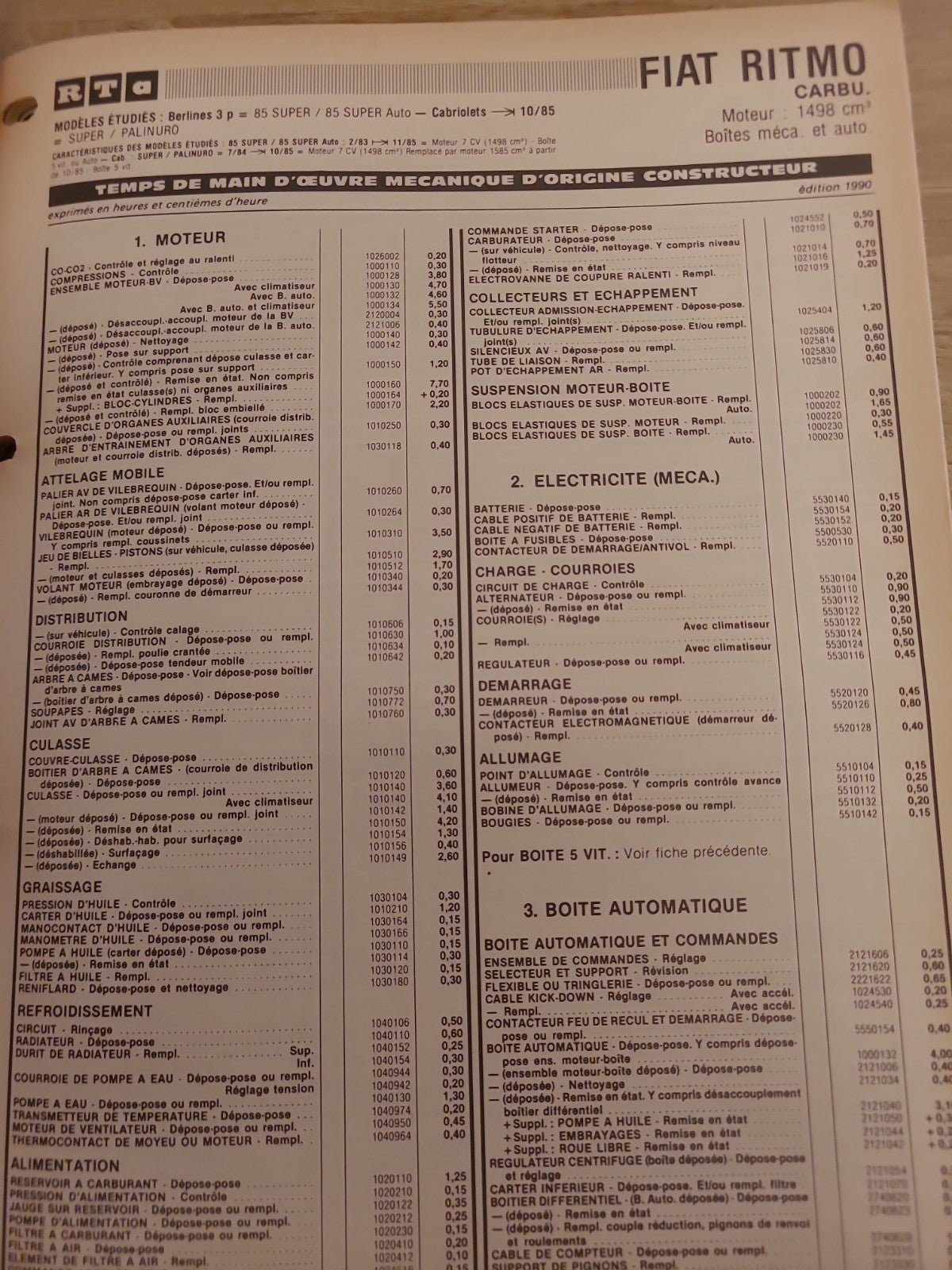 Baremes Temps Revue Technique Automobile FIAT  Collector 1990 (Liv151)