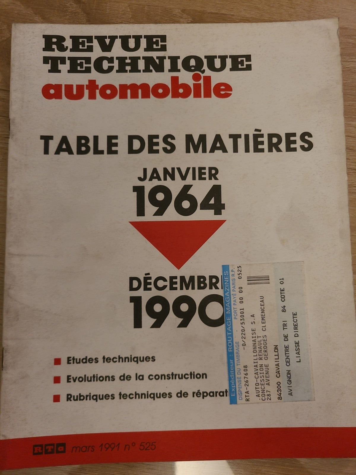 Table Des Matières 1964 1990 Revue Technique Automobile RTA  (Liv157)