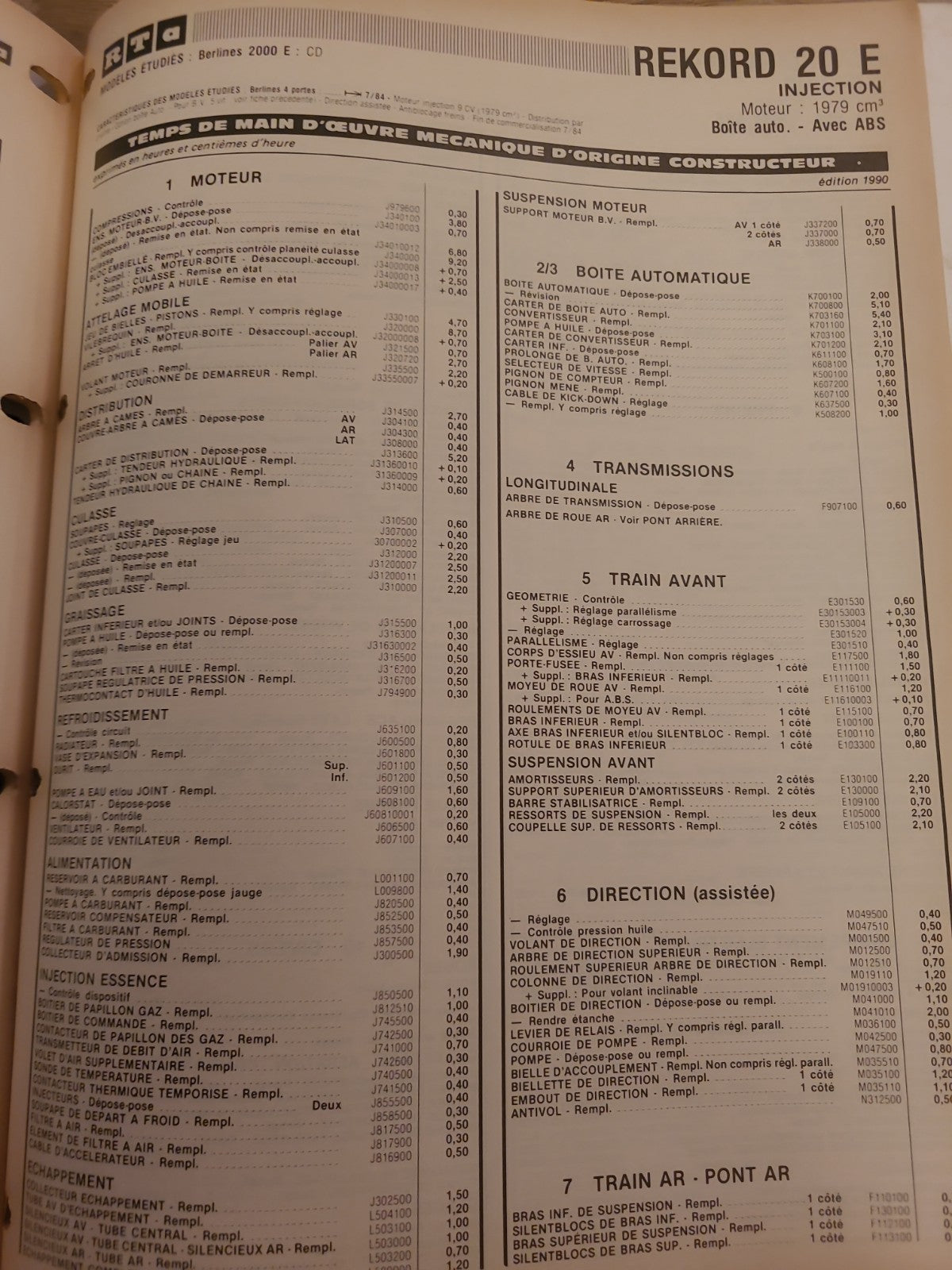 Baremes Temps Revue Technique Automobile OPEL  Collector 1990 (Liv152)
