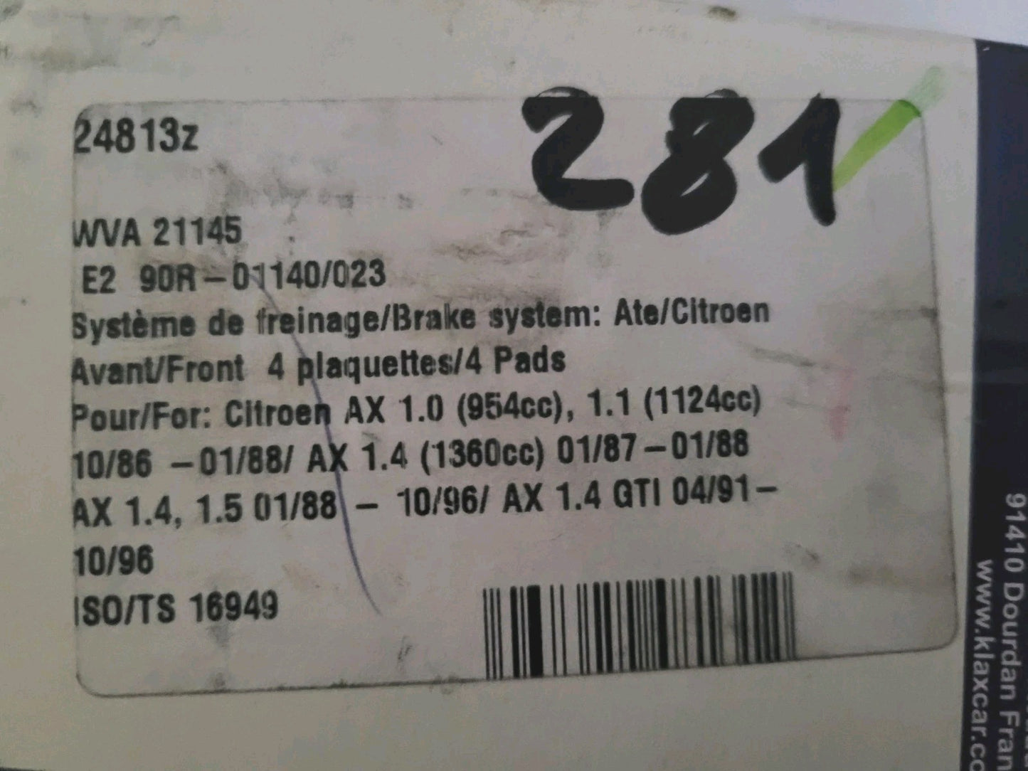 Jeu Plaquettes NEUF Av Citroën Ax 24813z (#AUT281)