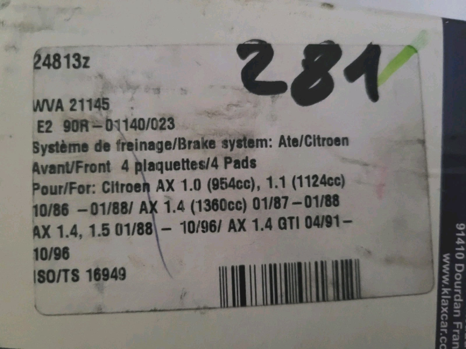 Jeu Plaquettes NEUF Av Citroën Ax 24813z (#AUT281)