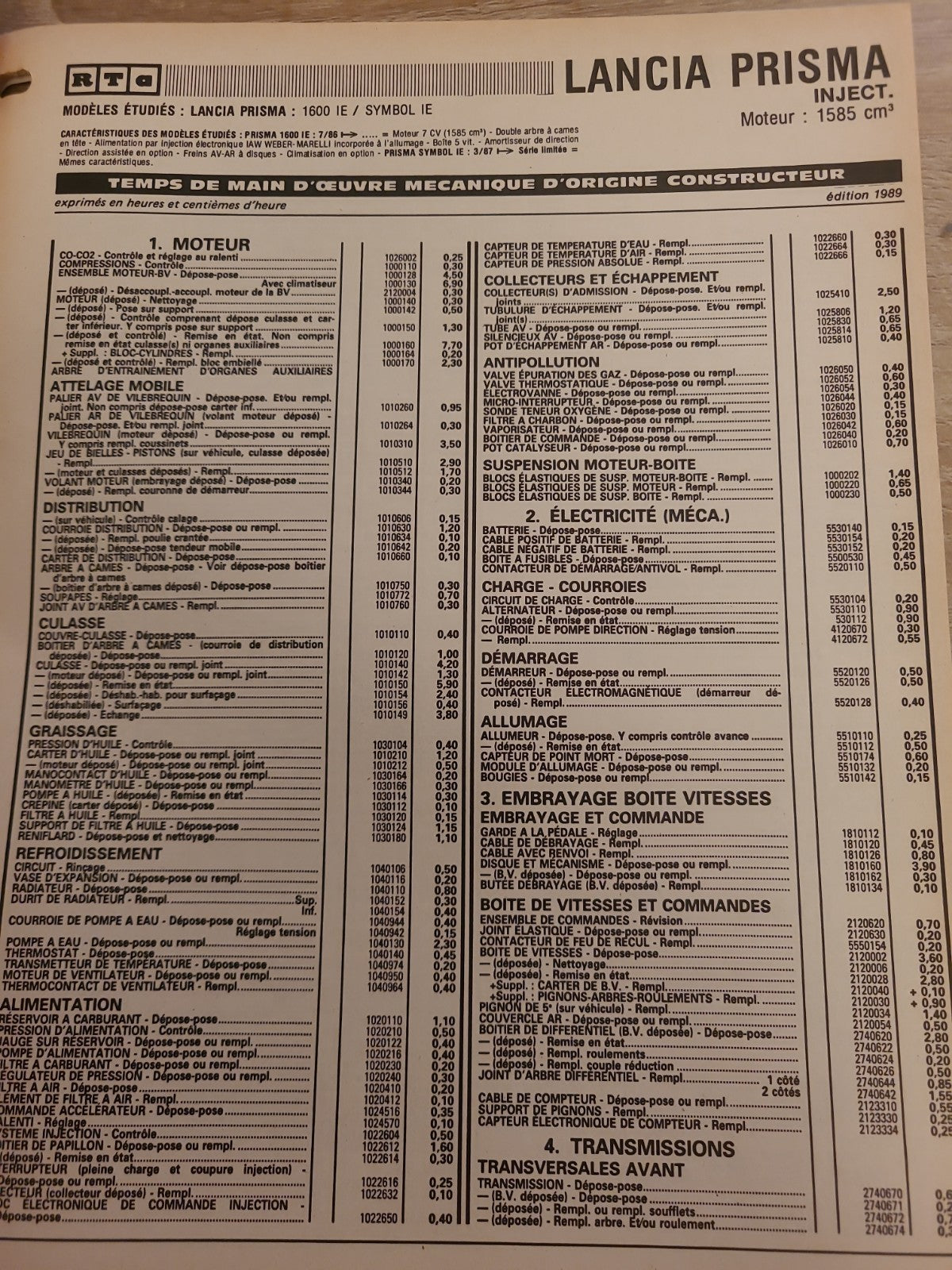 Baremes Temps Revue Technique Automobile LANCIA  Collector 1989 (Liv146)