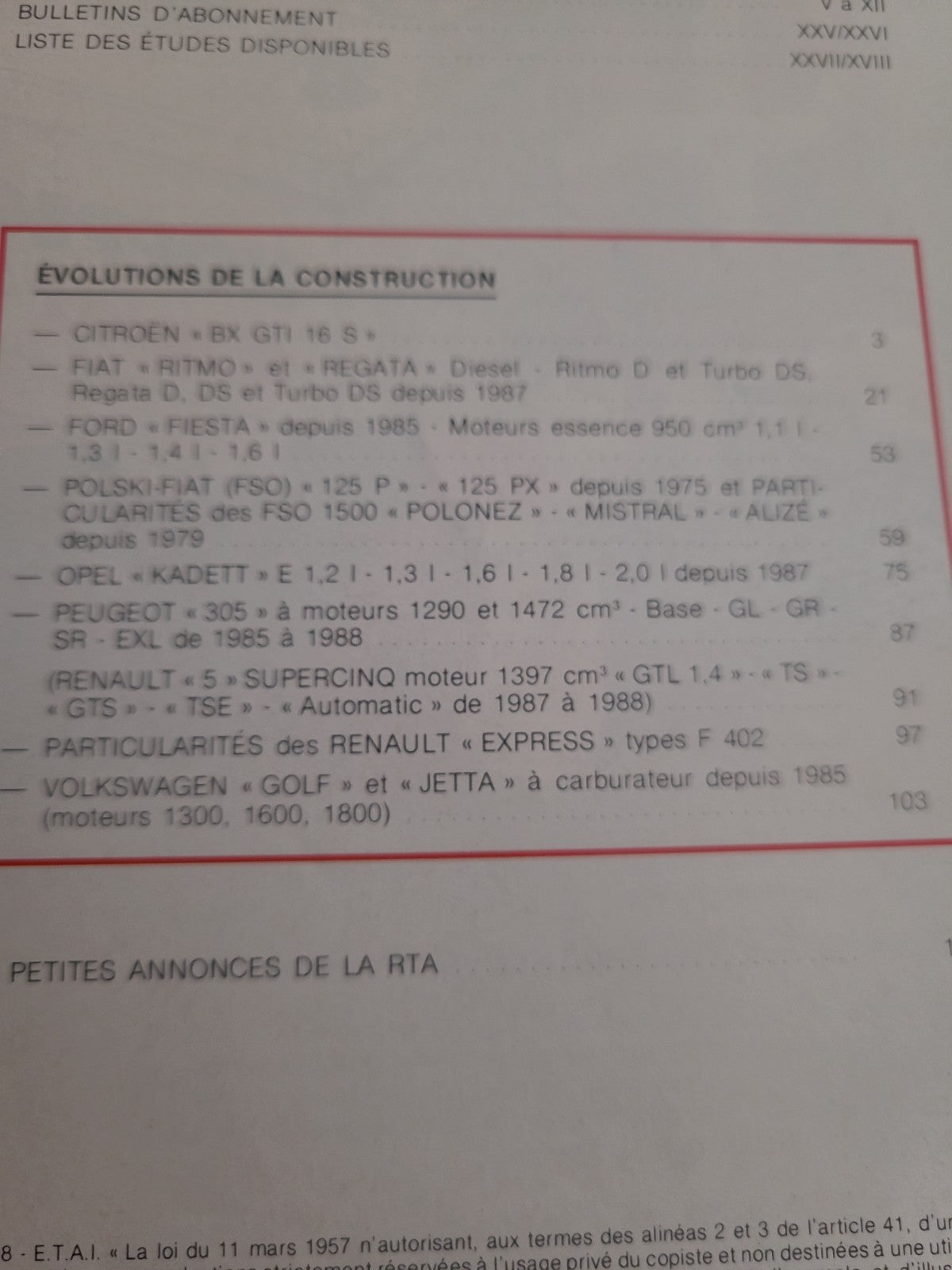 RTA Revue Technique Automobile Évolution 8 Modèles 1988 (Liv214)
