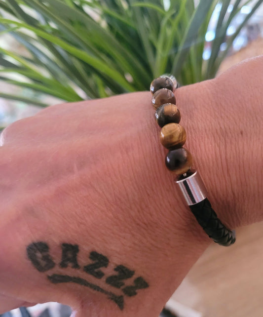 Bracelet Cuir/Pierre 5 Perles Œil De Tigre 21cm Solide Mixte (Min2)
