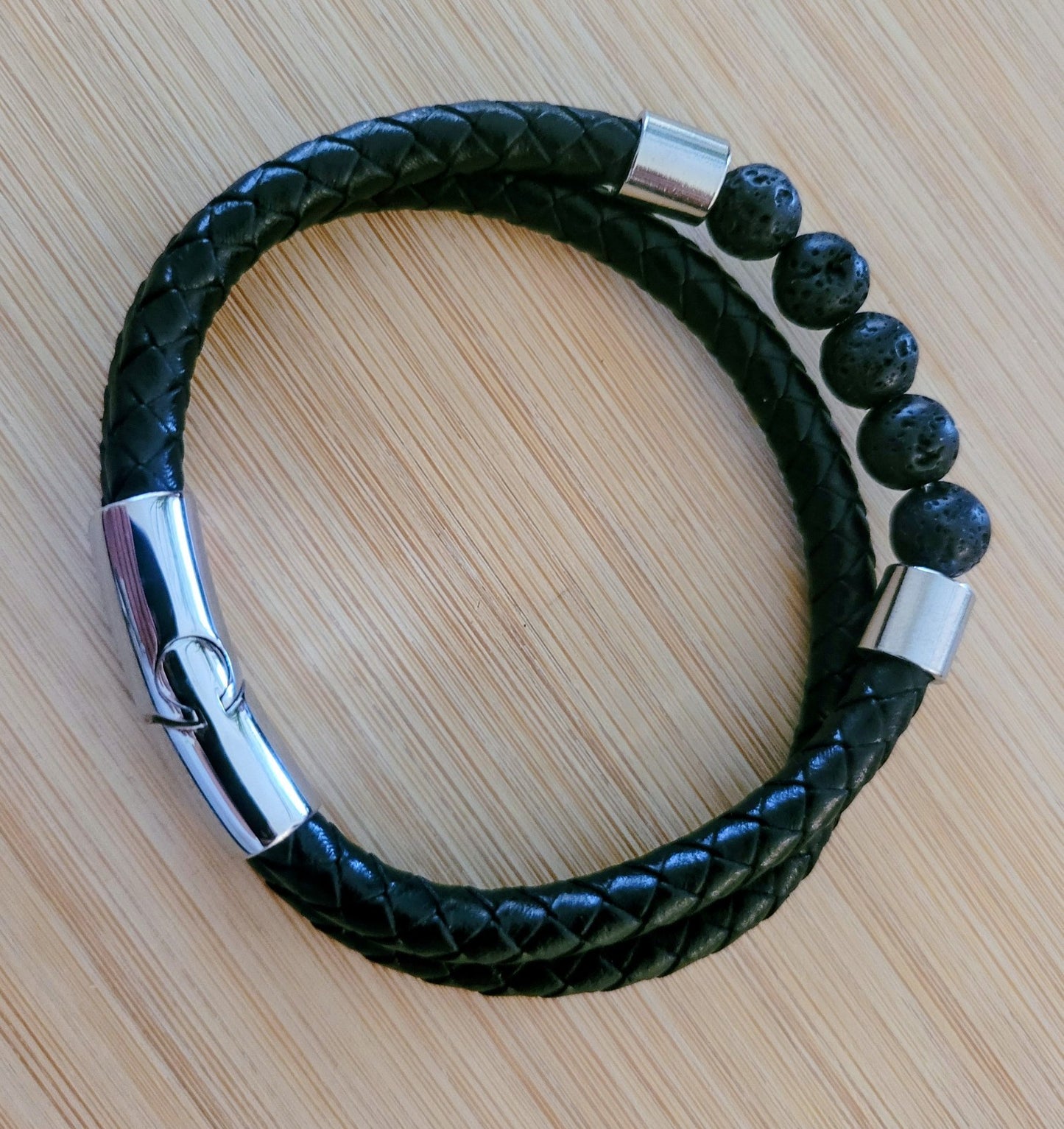 Bracelet Cuir/Pierre 5 Perles De Lave 21cm Solide Mixte (Min4)