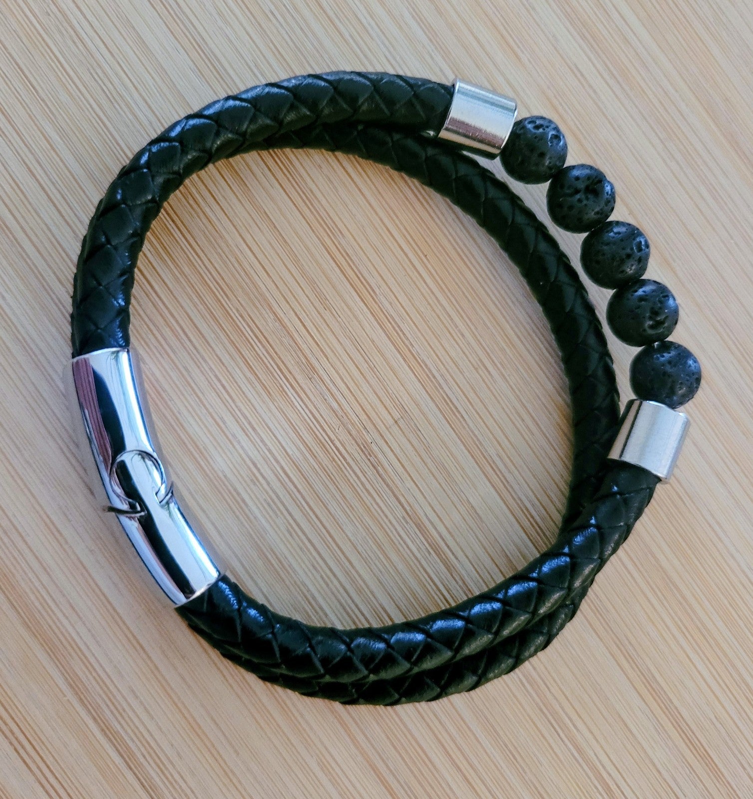 Bracelet Cuir/Pierre 5 Perles De Lave 21cm Solide Mixte (Min4)