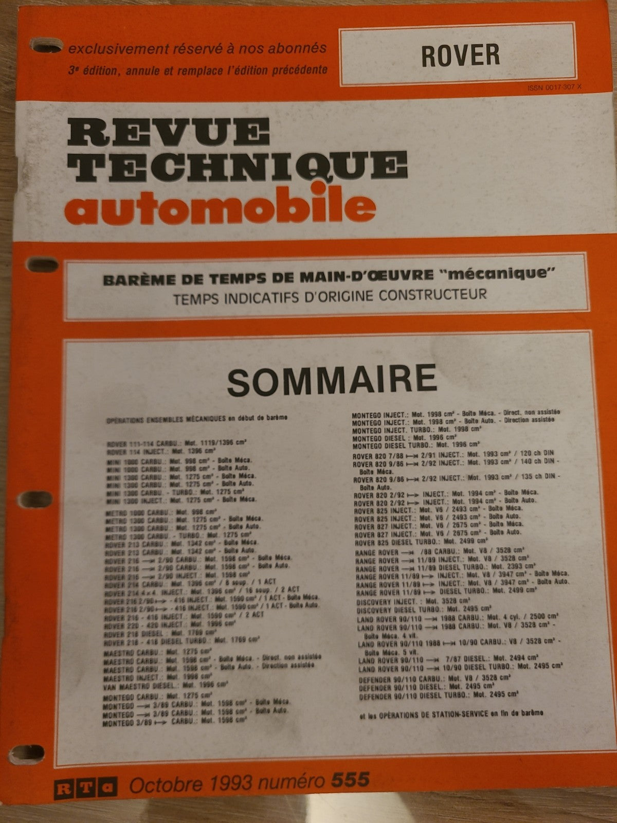 Baremes Temps Revue Technique Automobile ROVER MINI Collector 1993  (Liv147)