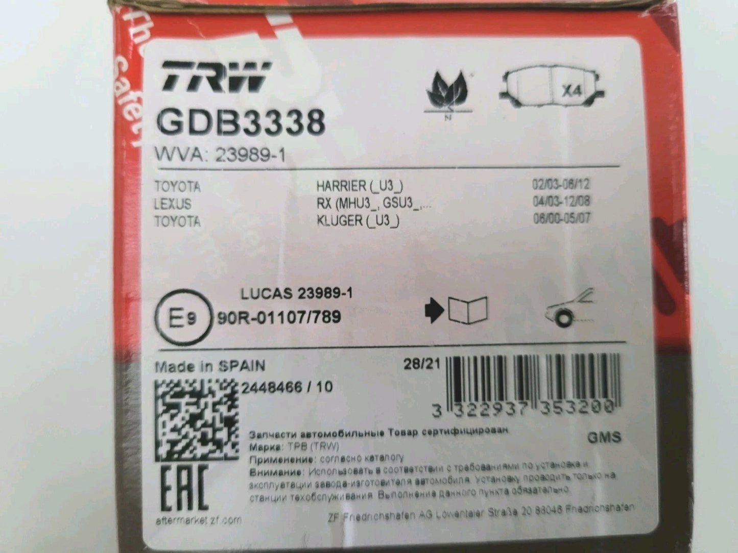 Jeu De Plaquettes TRW Toyota Lexus GDB3338 (#AUT108)