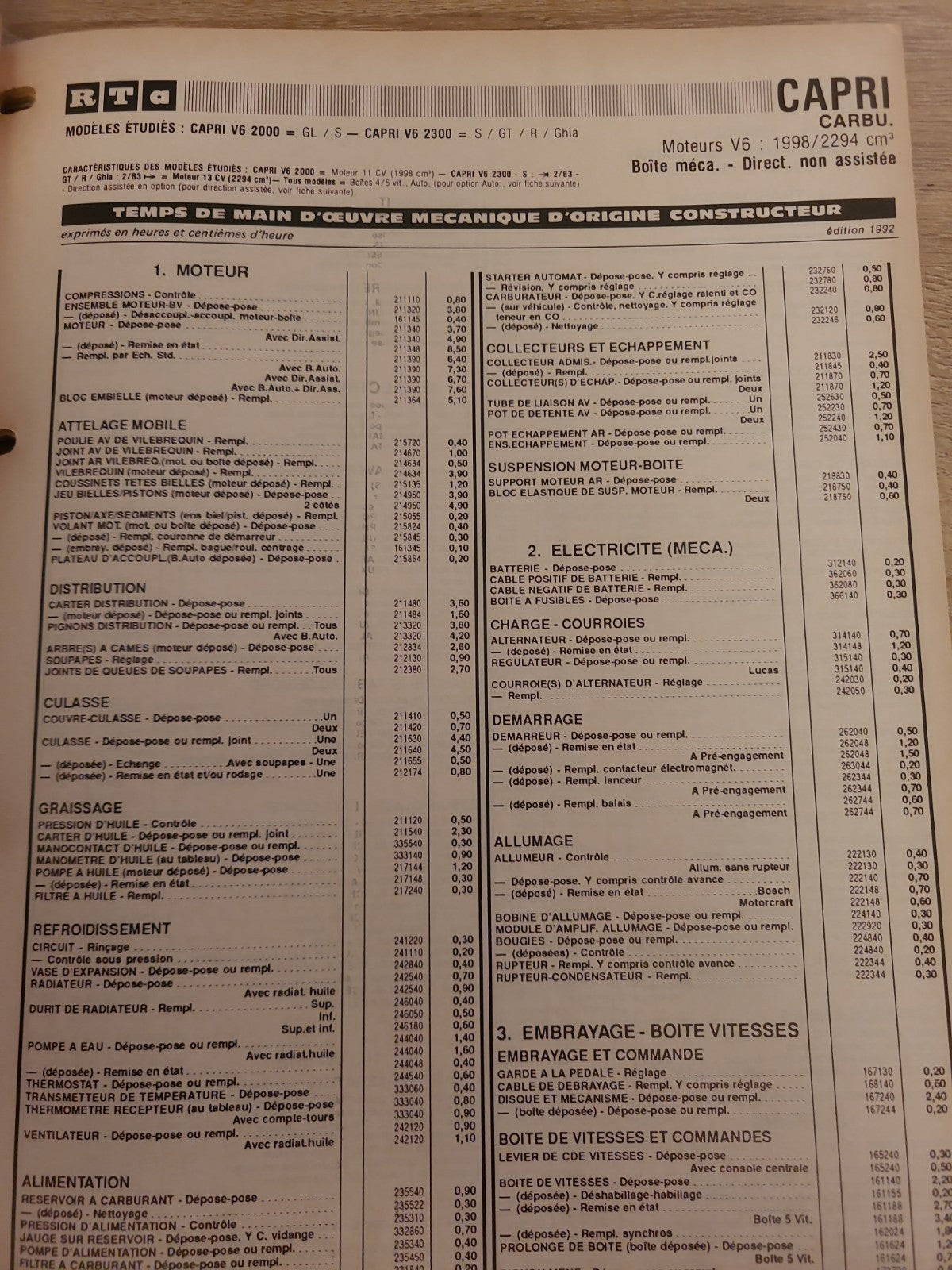Baremes Temps Revue Technique Automobile FORD Collector 1992  (Liv145)