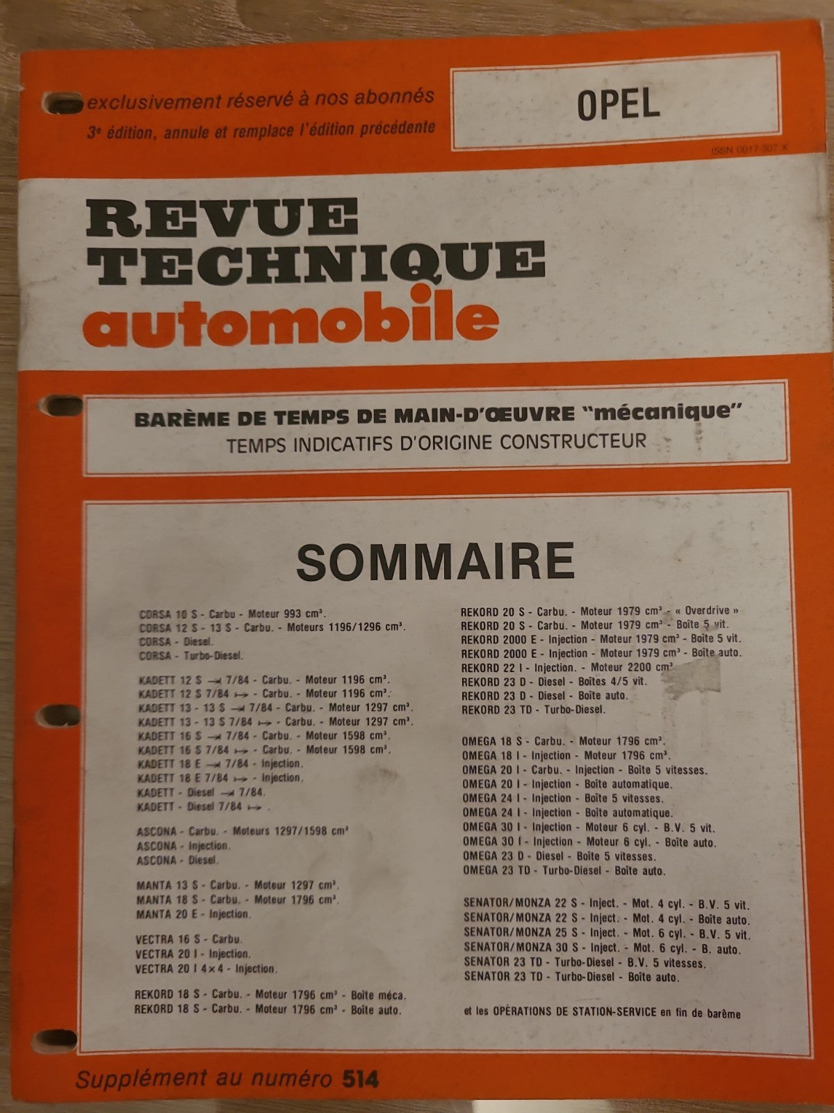 Baremes Temps Revue Technique Automobile OPEL  Collector 1990 (Liv152)