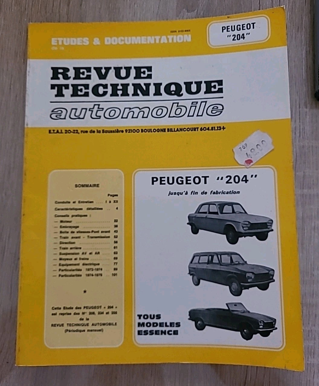 Revue Technique PEUGEOT 204 RTA de 123 pages (Liv27)