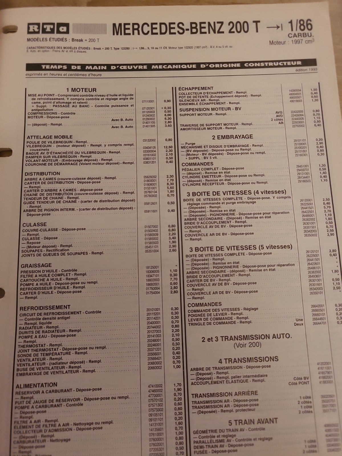 Baremes Temps Revue Technique Automobile MERCEDES Collector 1993 (Liv156)