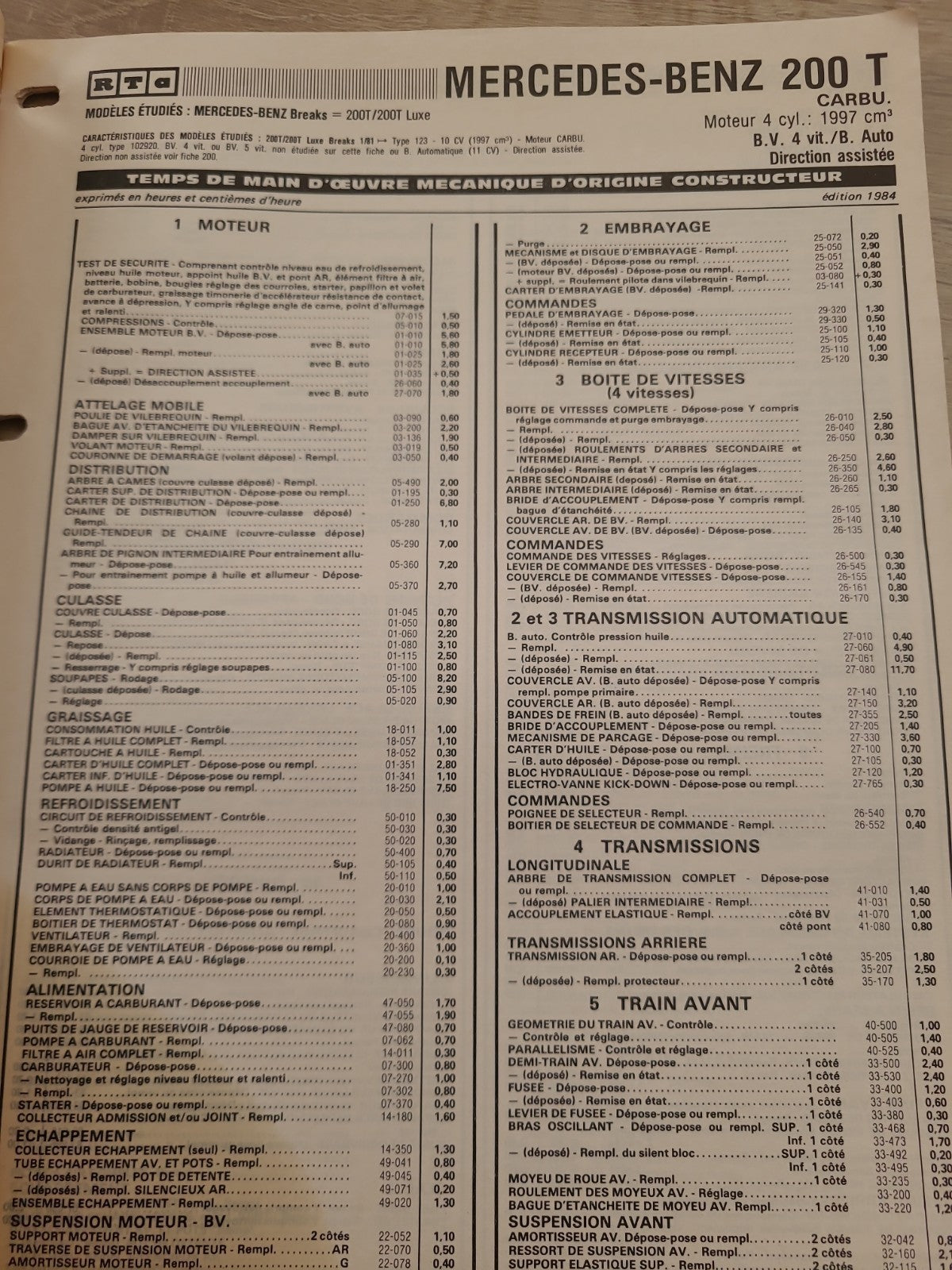 Baremes Temps Revue Technique Automobile MERCEDES Collector 1984 (Liv167)
