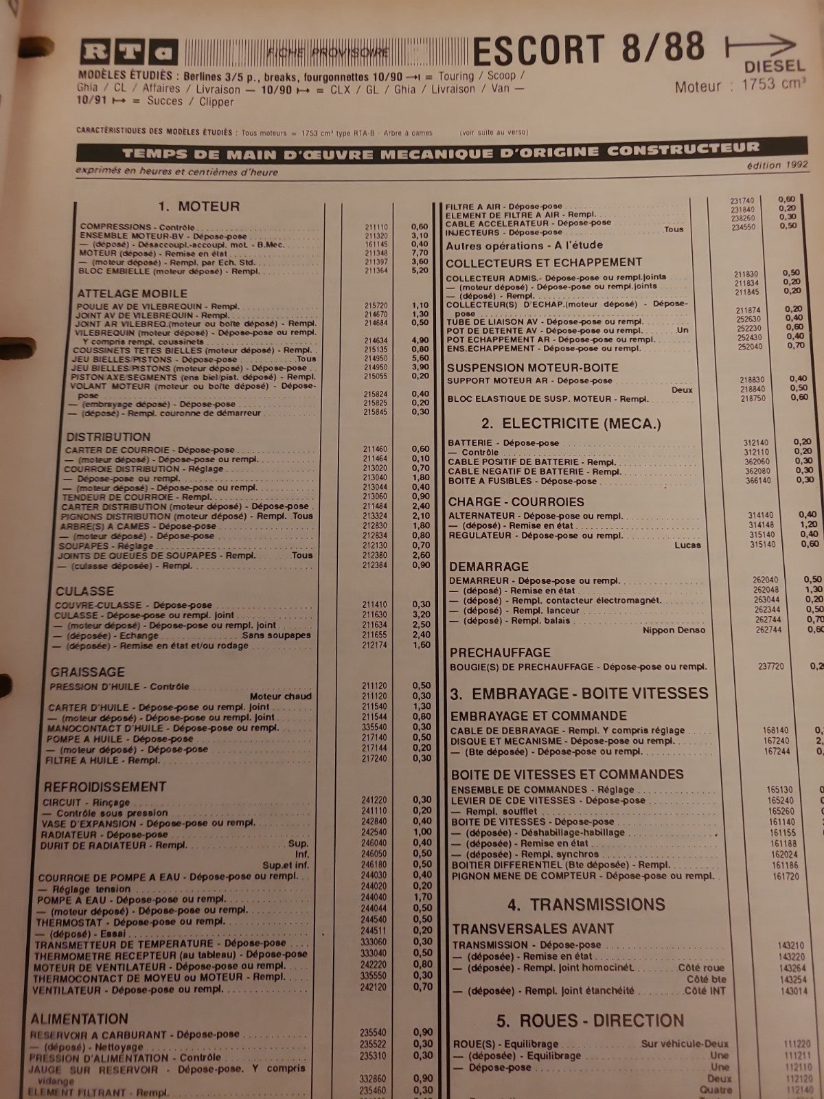 Baremes Temps Revue Technique Automobile FORD Collector 1992  (Liv145)