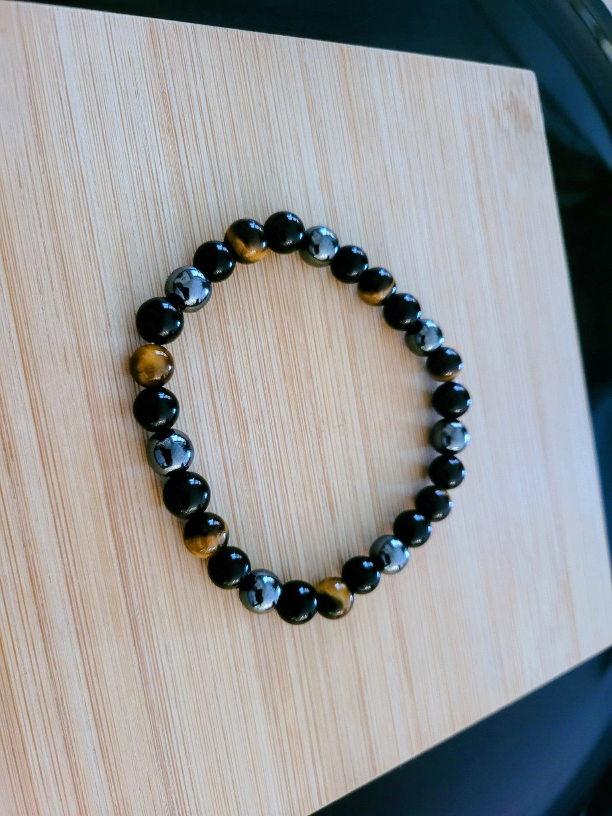 Bracelet Extensible Œil De Tigre Hématite Obsidienne 22cm Solide (Min5)