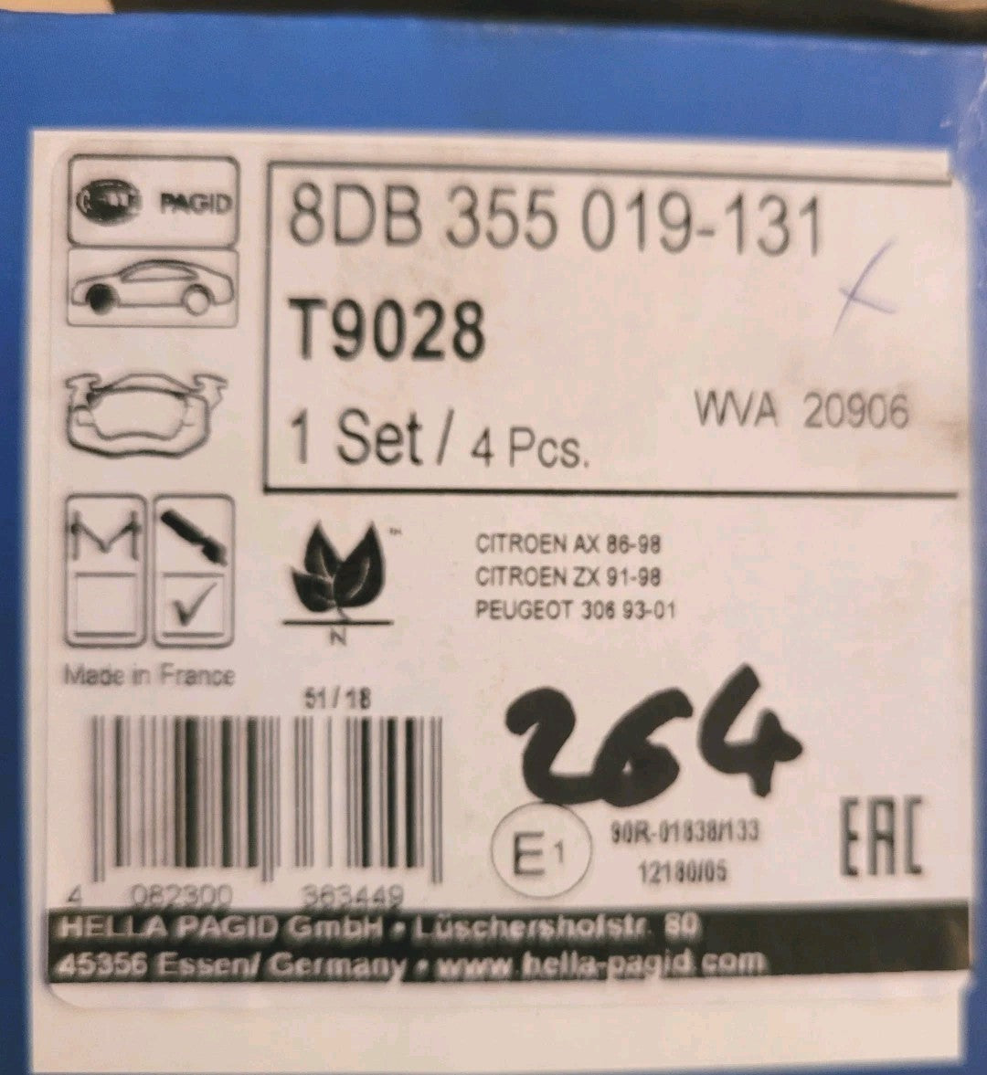 Jeu Plaquettes NEUF Av HELLA Citroën Peugeot AX 306 ZX 4082300363449 (#AUT264)