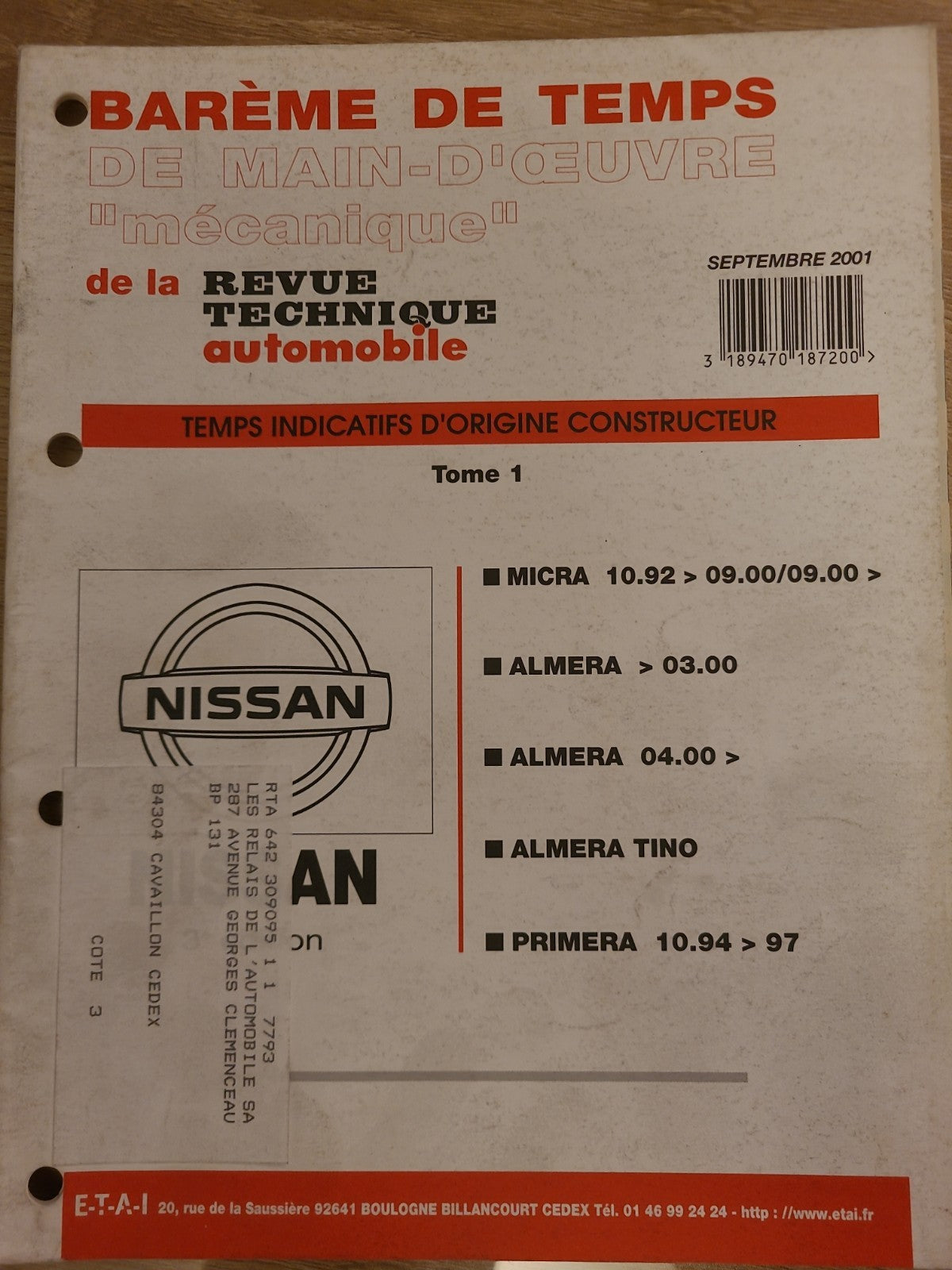 Baremes Temps Revue Technique Automobile NISSAN Collector 2000 (Liv149)