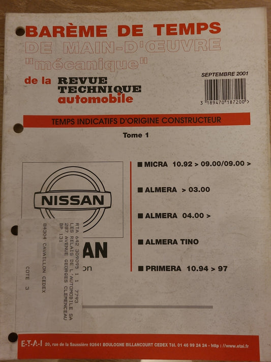 Baremes Temps Revue Technique Automobile NISSAN Collector 2000 (Liv149)