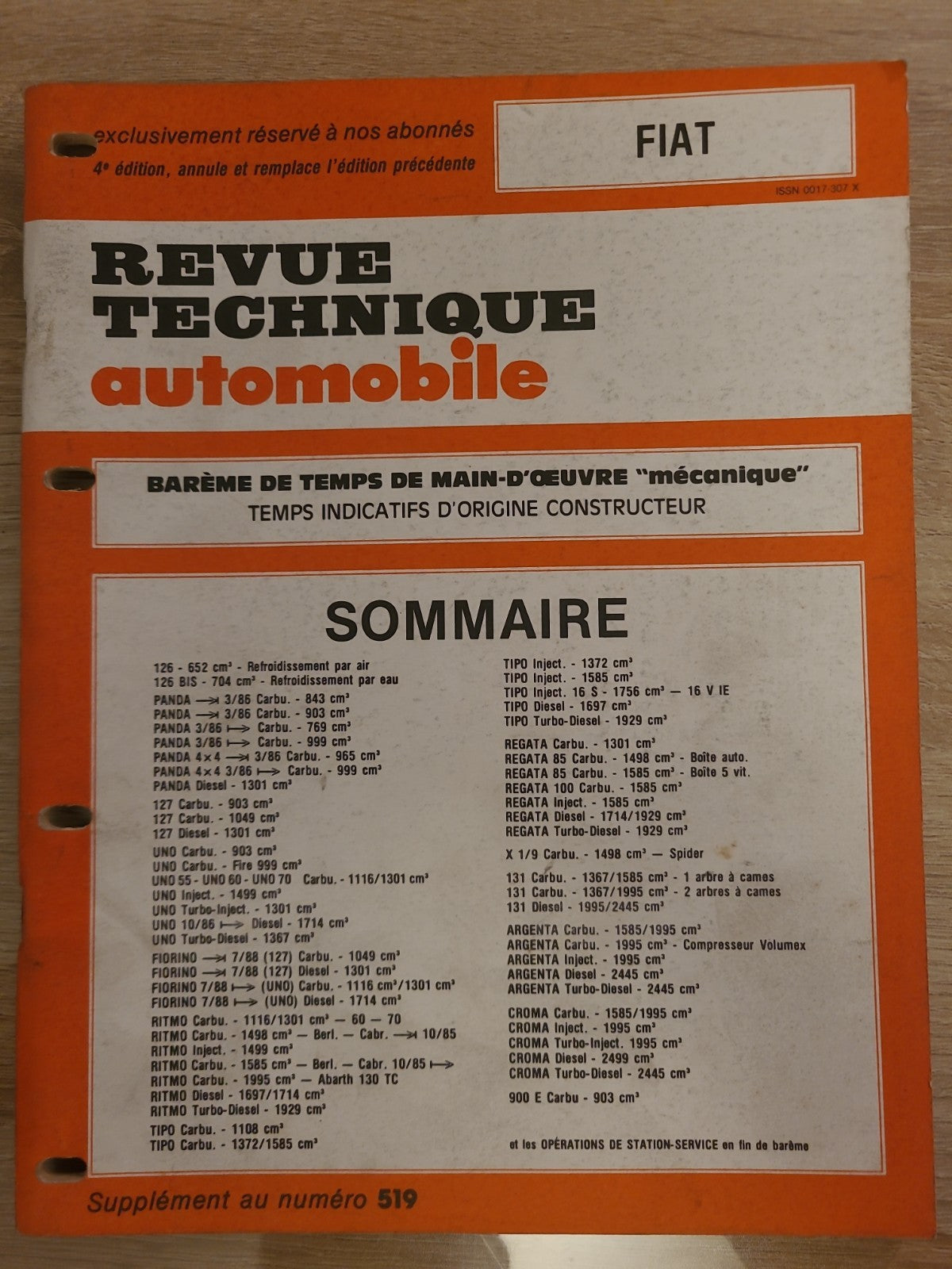 Baremes Temps Revue Technique Automobile FIAT  Collector 1990 (Liv151)